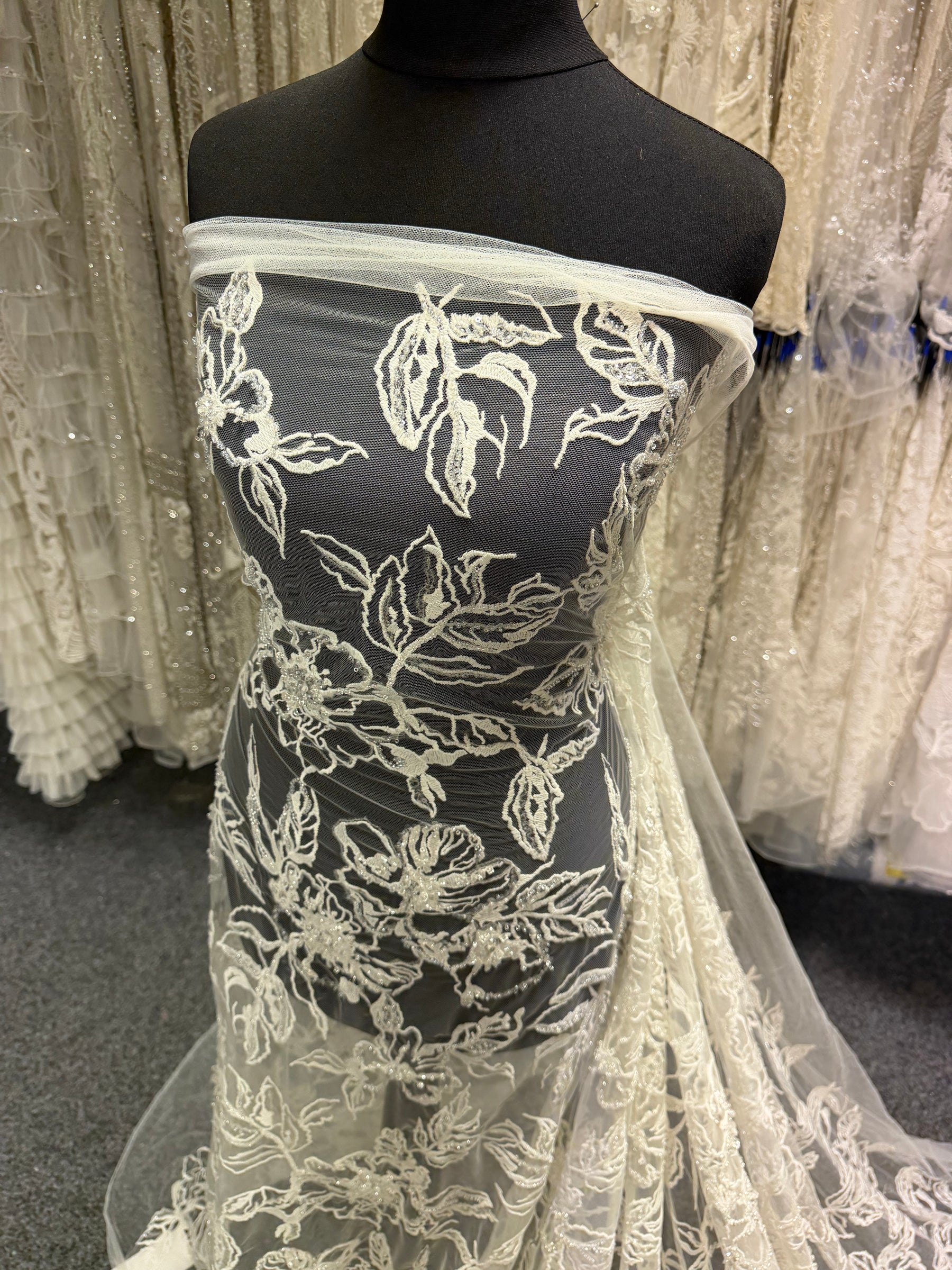 Ivory Embroidered Beaded Tulle - EB1100
