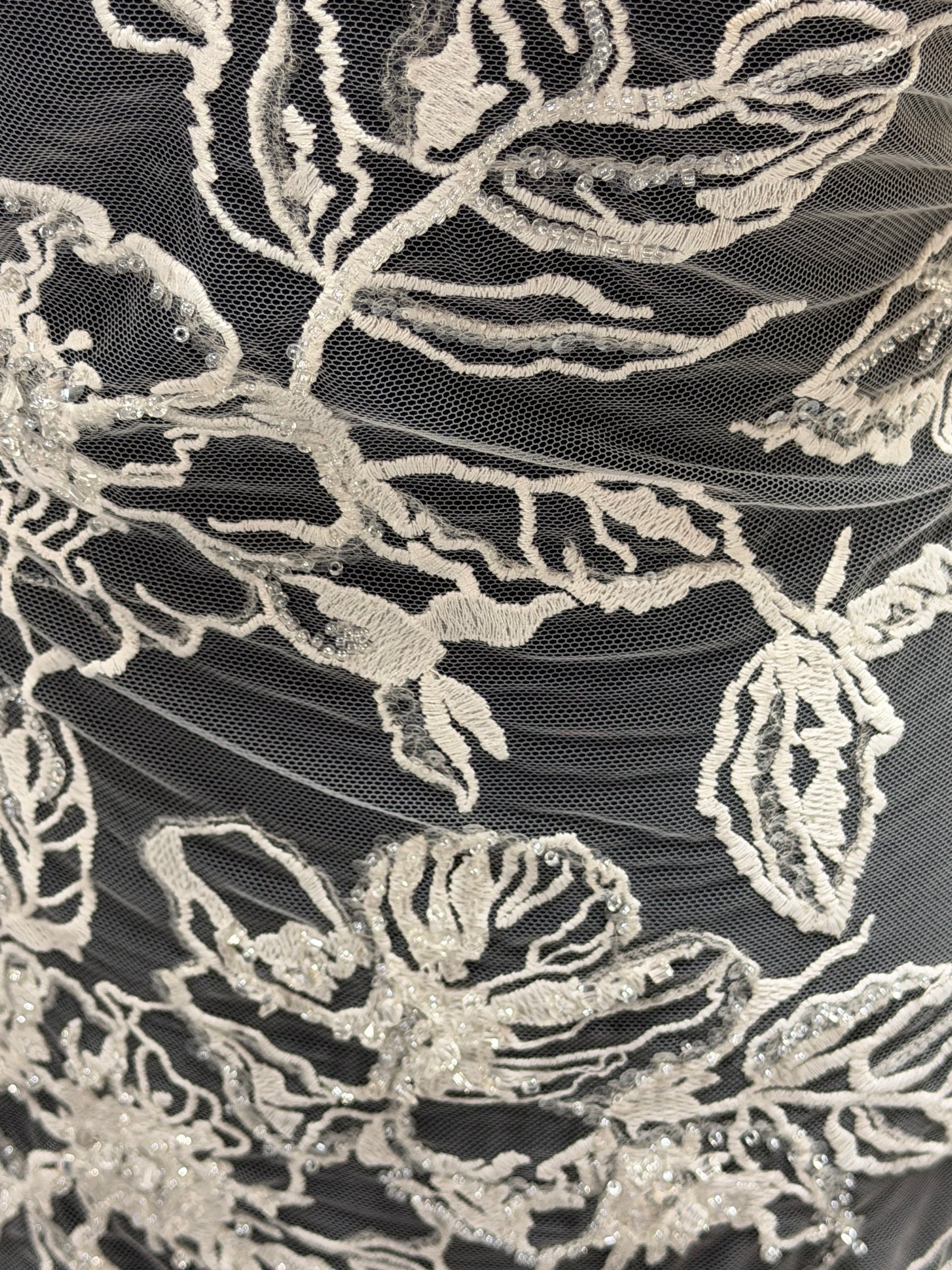 Ivory Embroidered Beaded Tulle - EB1100