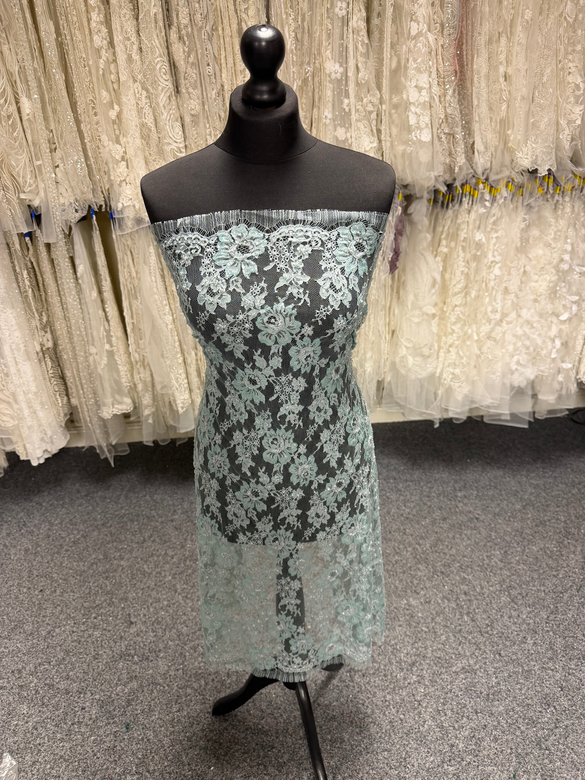 Duck Egg Blue Beaded Chantilly Lace - P360