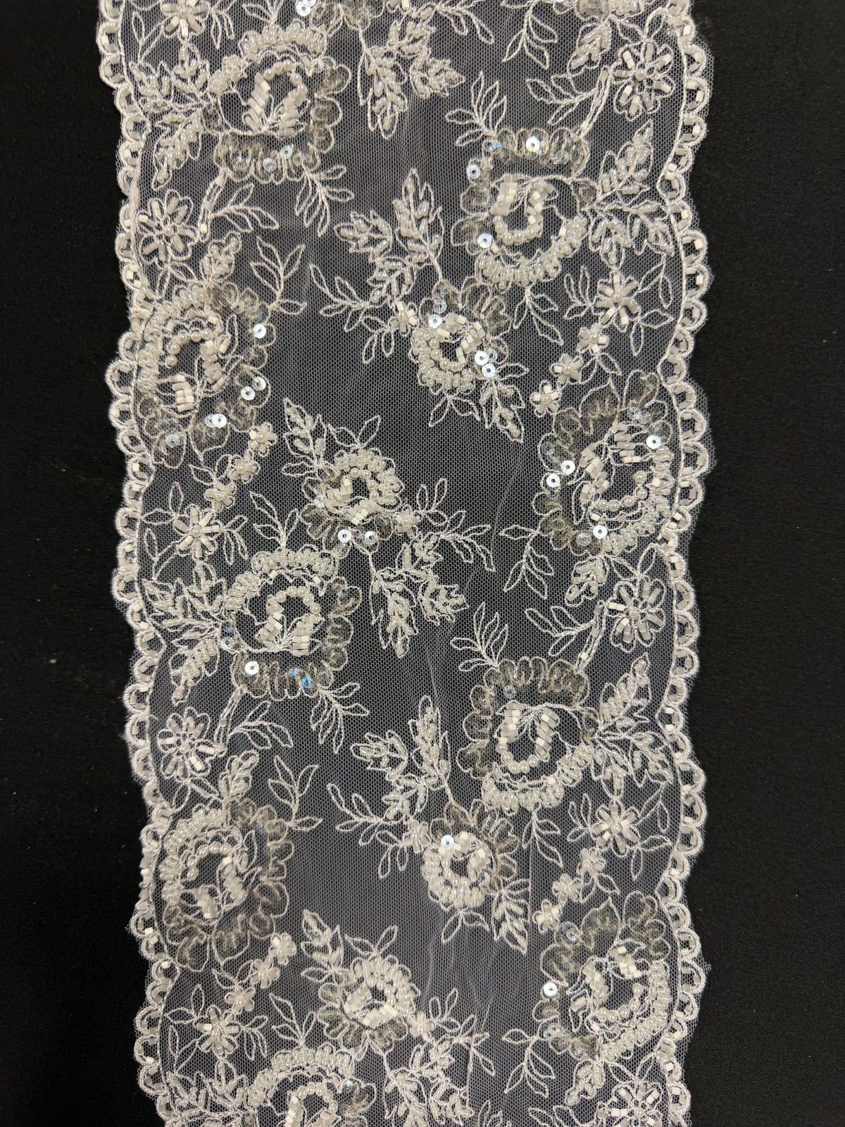 White Bead and Sequin Embellished Lace Trim - T277