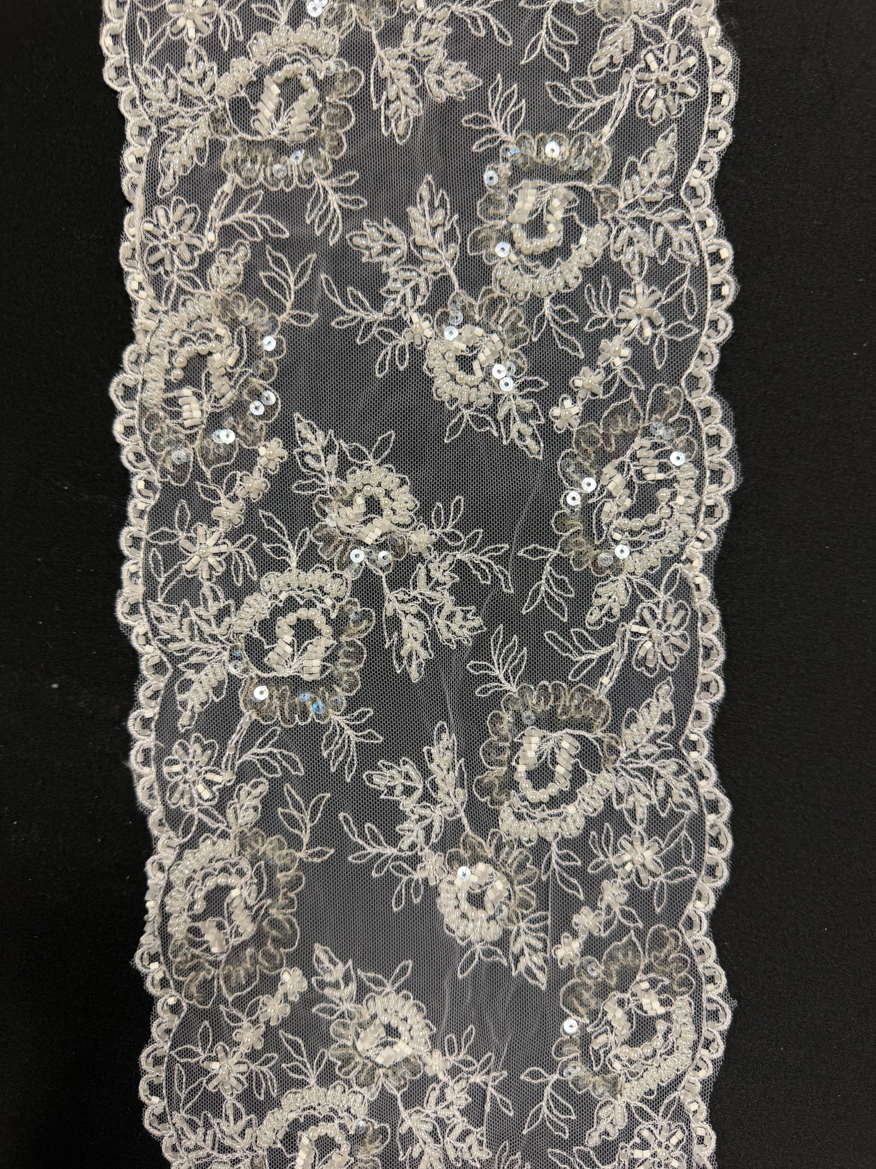 White Bead and Sequin Embellished Lace Trim - T277