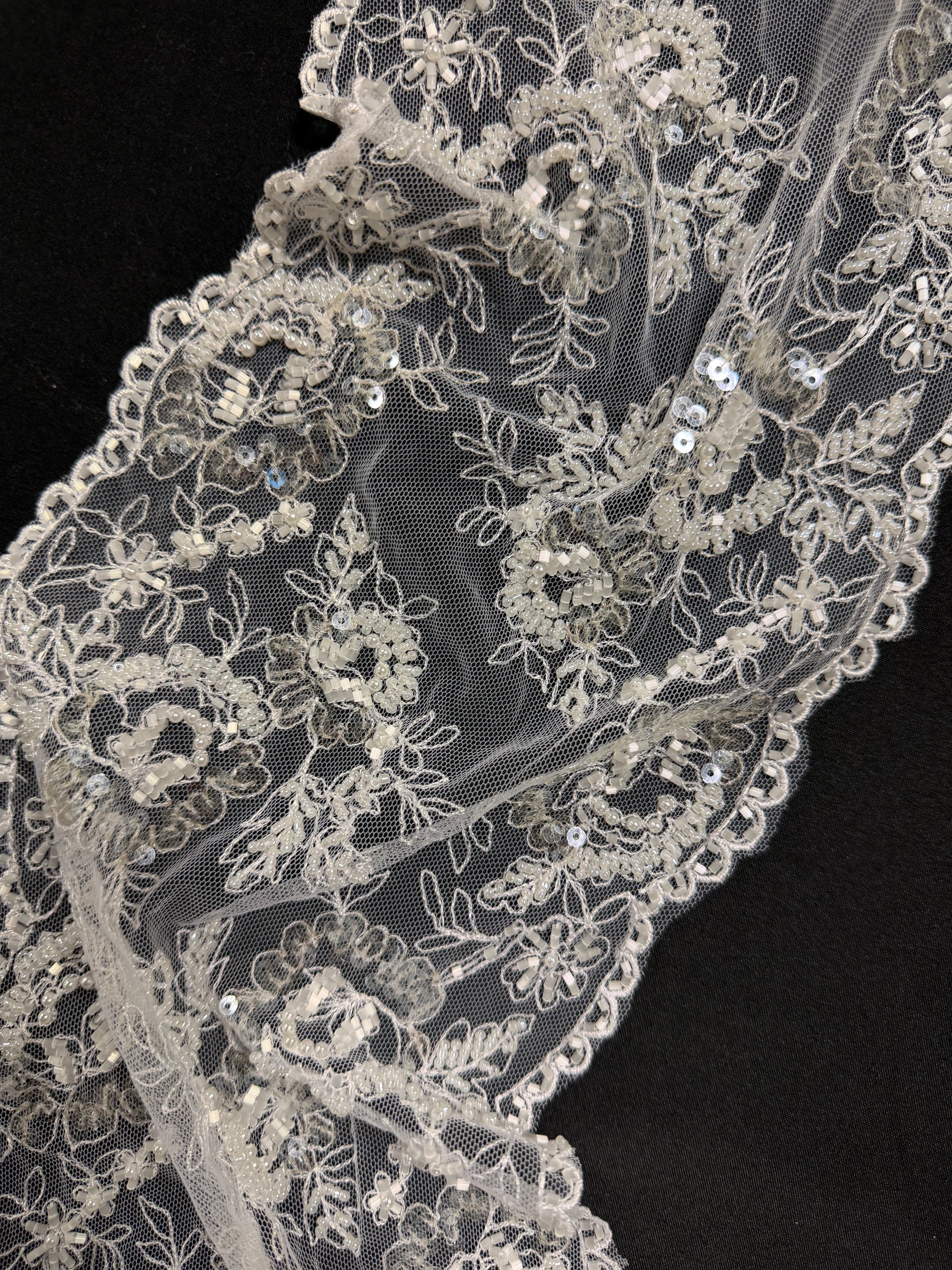 White Bead and Sequin Embellished Lace Trim - T277