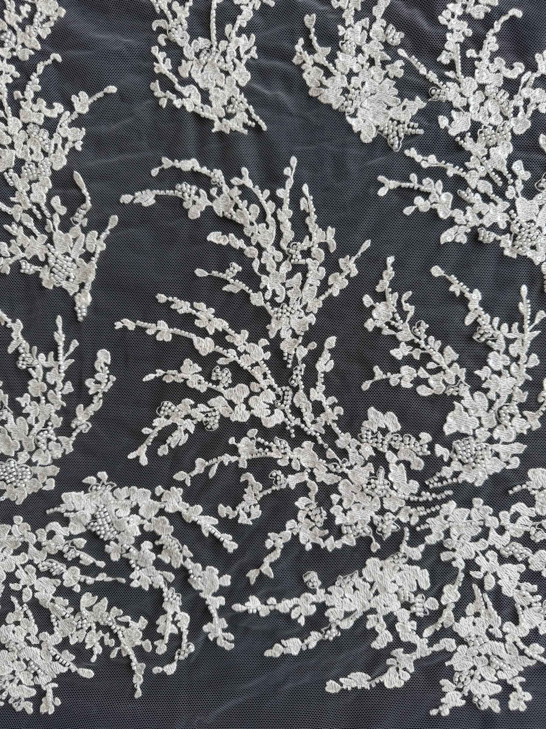 Ivory Embroidered Beaded Tulle - EB1093