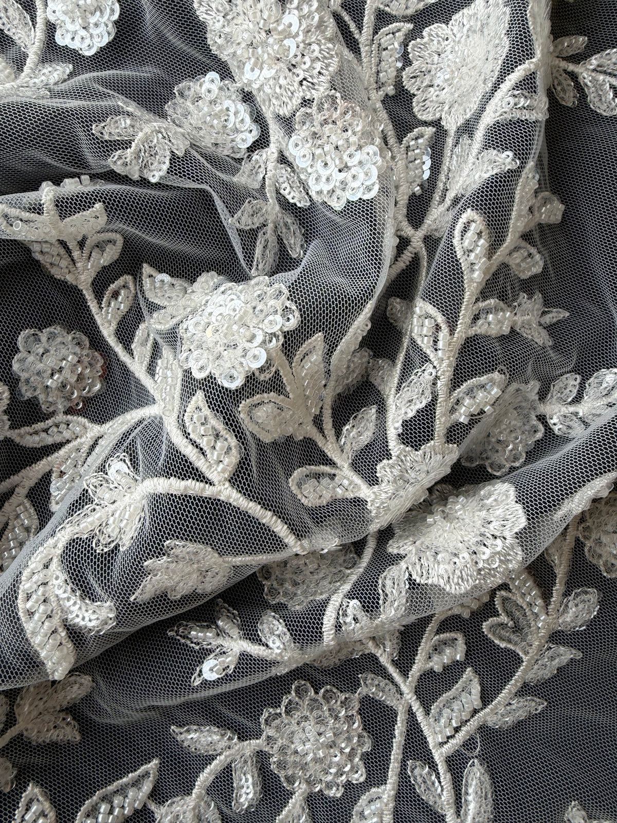 Ivory Embroidered Beaded Tulle - EB1097