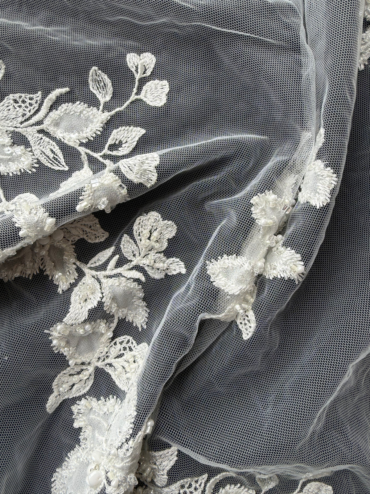Ivory Embroidered Beaded Tulle - EB1072
