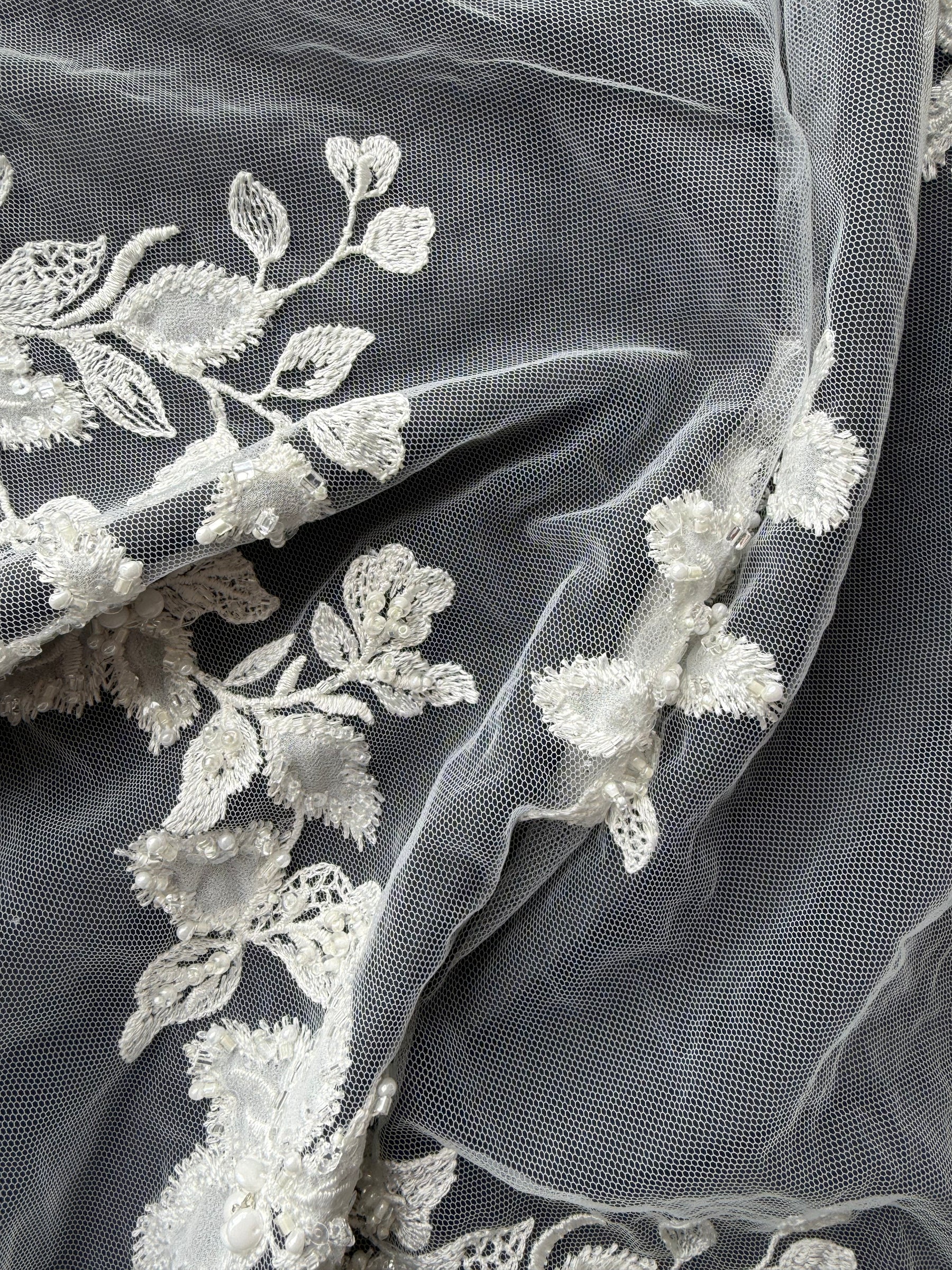 Ivory Embroidered Beaded Tulle - EB1072