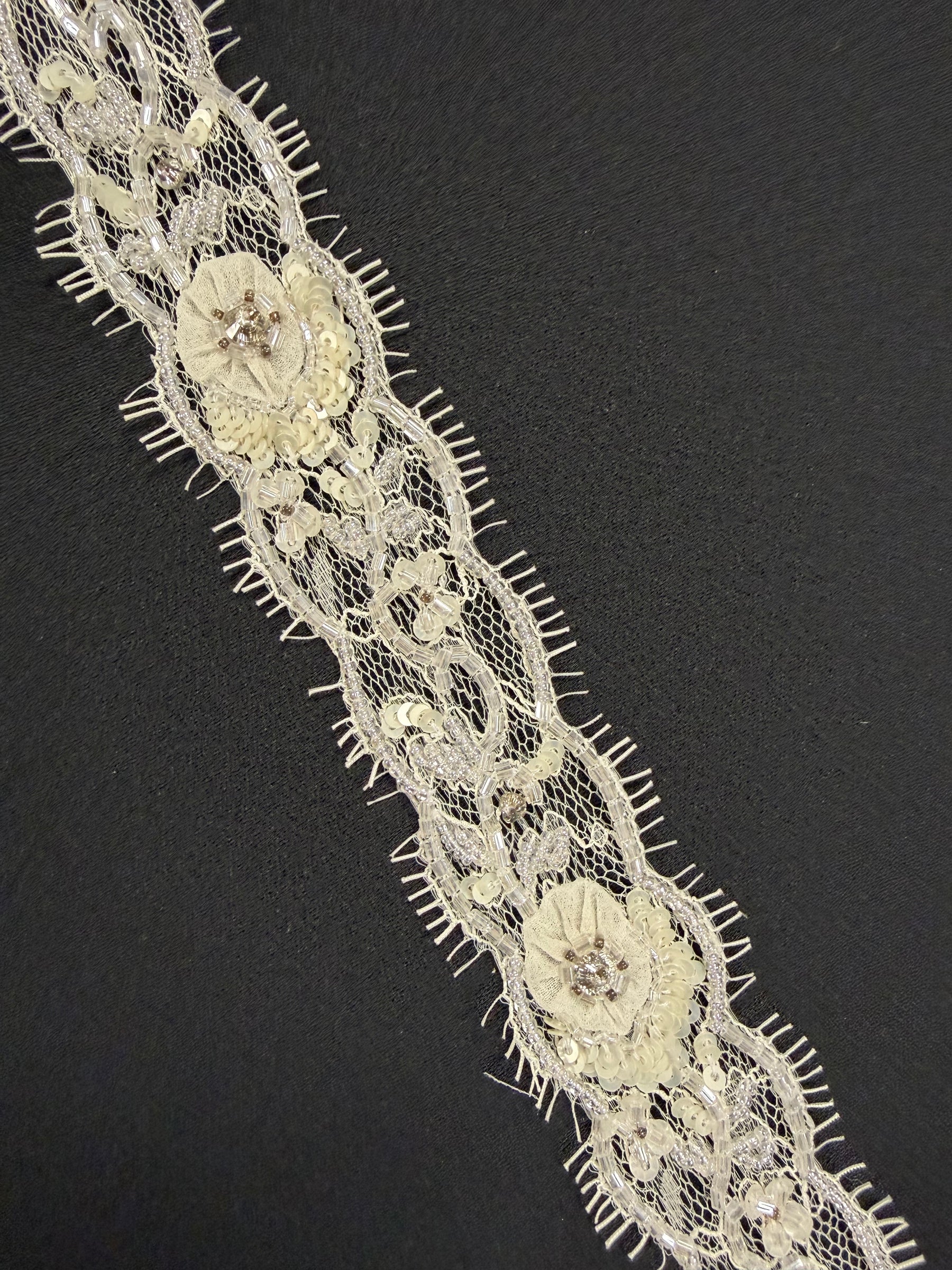 Ivory 3D Beaded Sequin Edging - T513