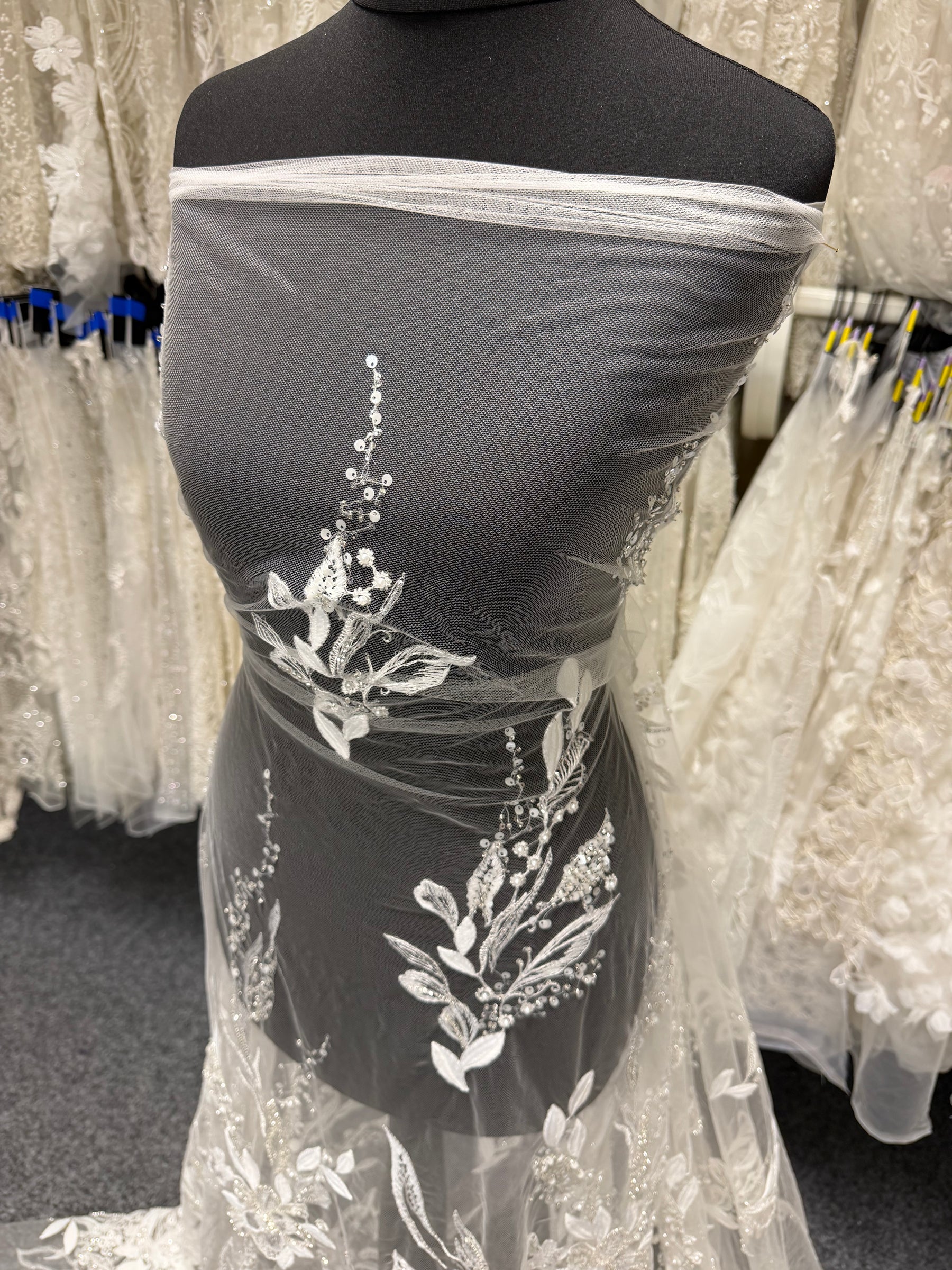 Ivory/Silver Embroidered Beaded Tulle - EB1098
