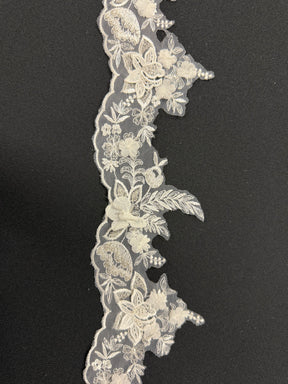 Ivory/Silver 3D Embroidered Beaded Edging - T646