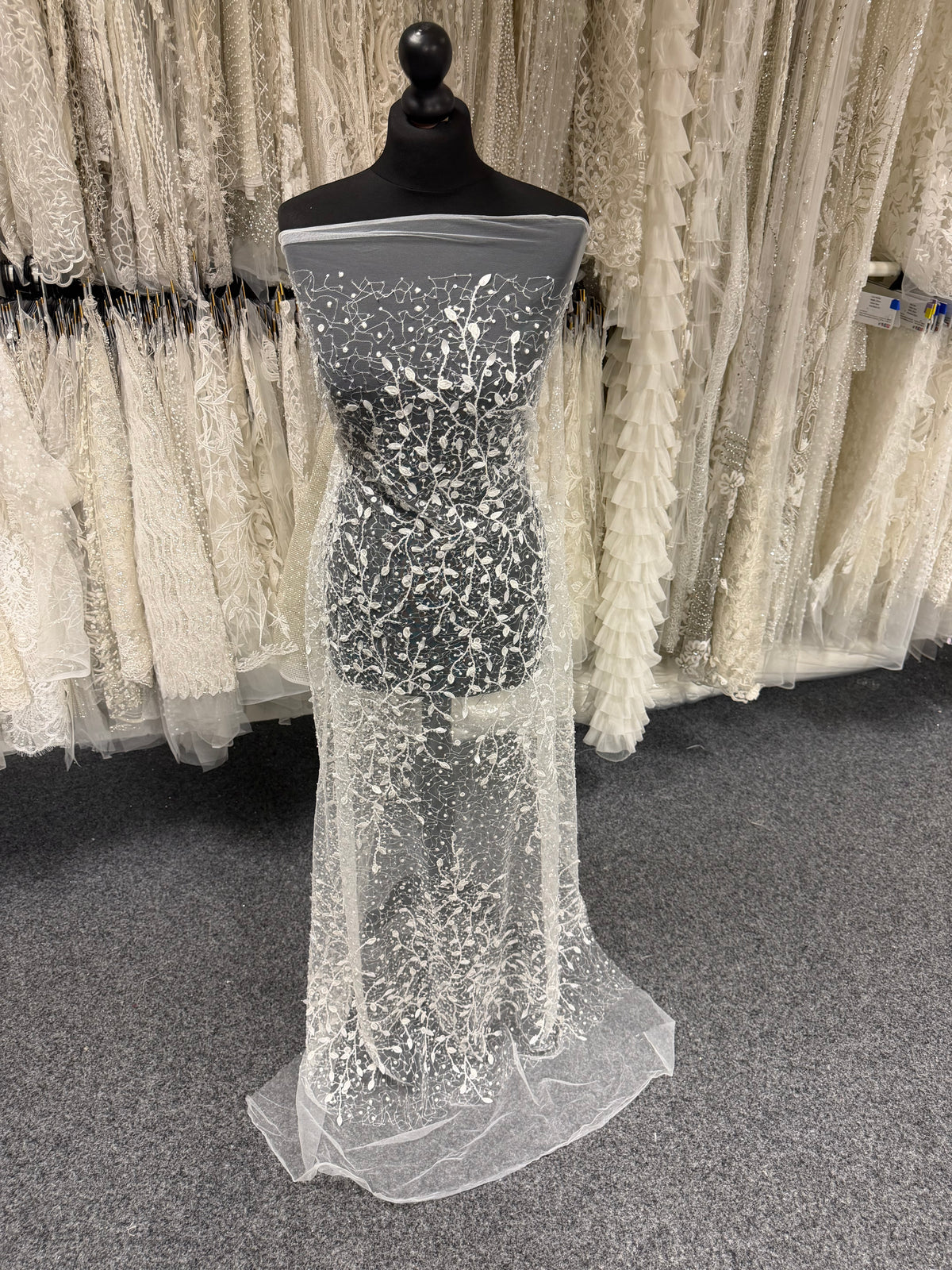 Ivory Emb Beaded Tulle - EB1081