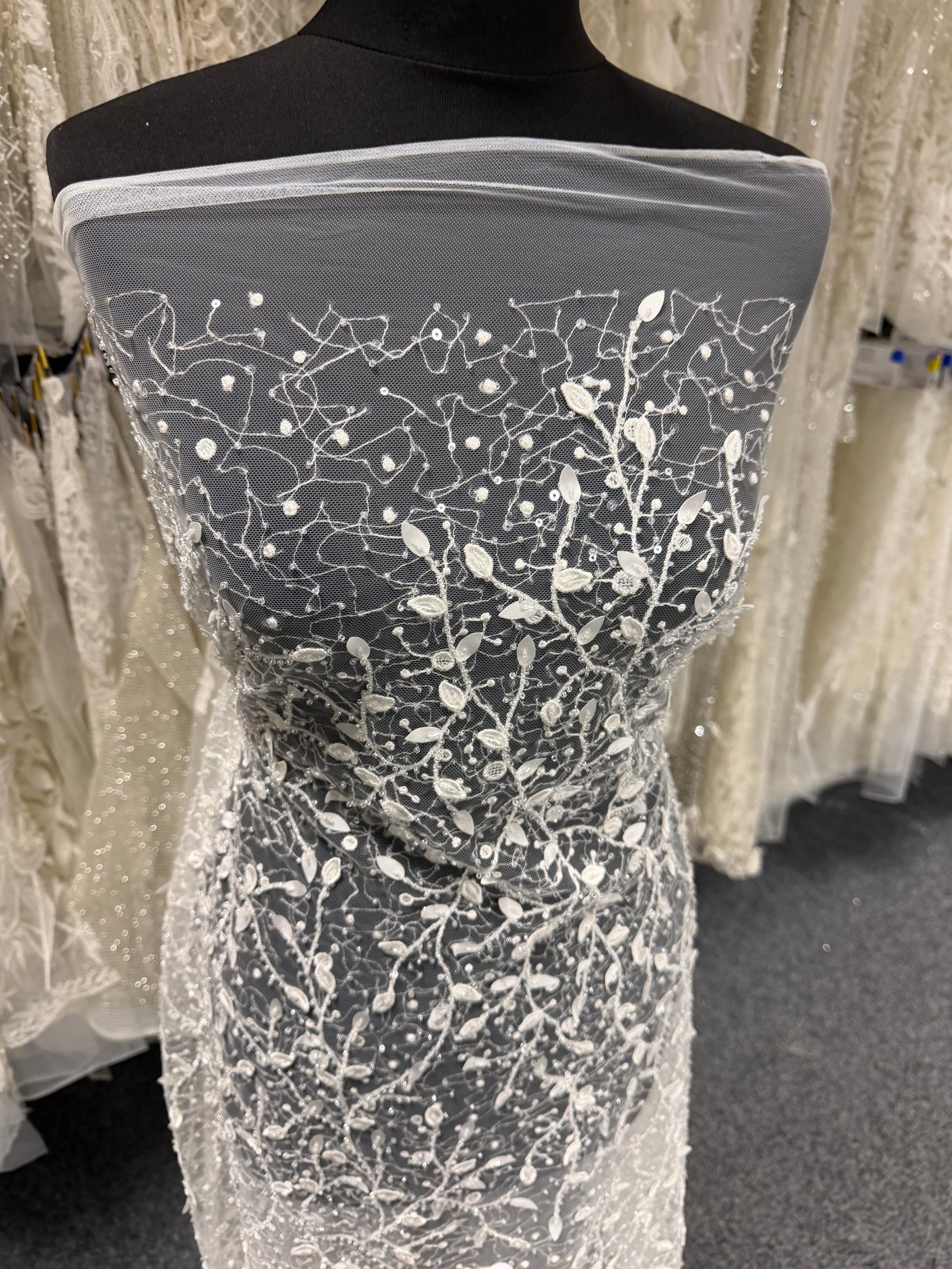 Ivory Emb Beaded Tulle - EB1081