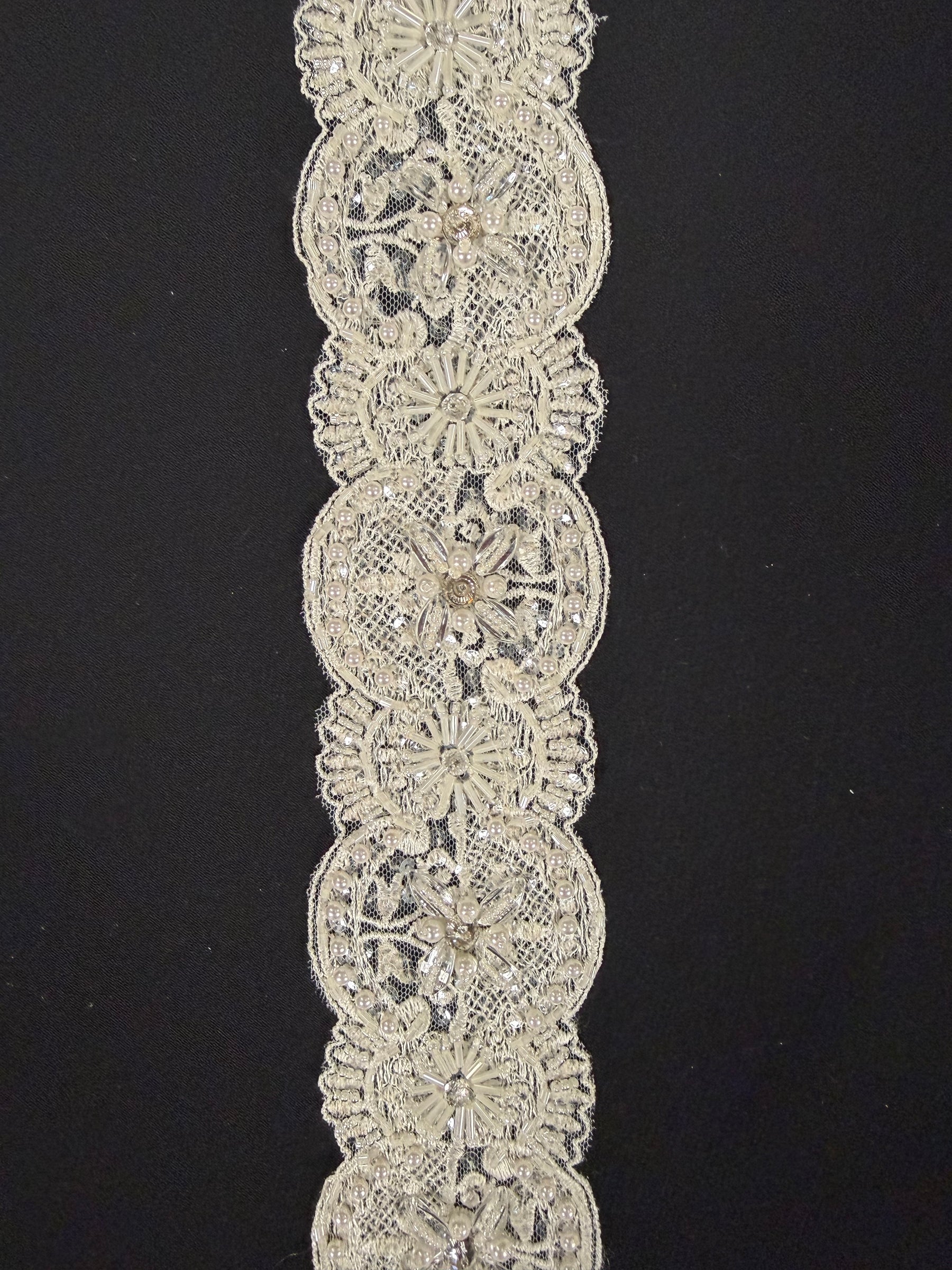 Ivory/Crystal 3D Crystal Beaded Sequin Edging - T472