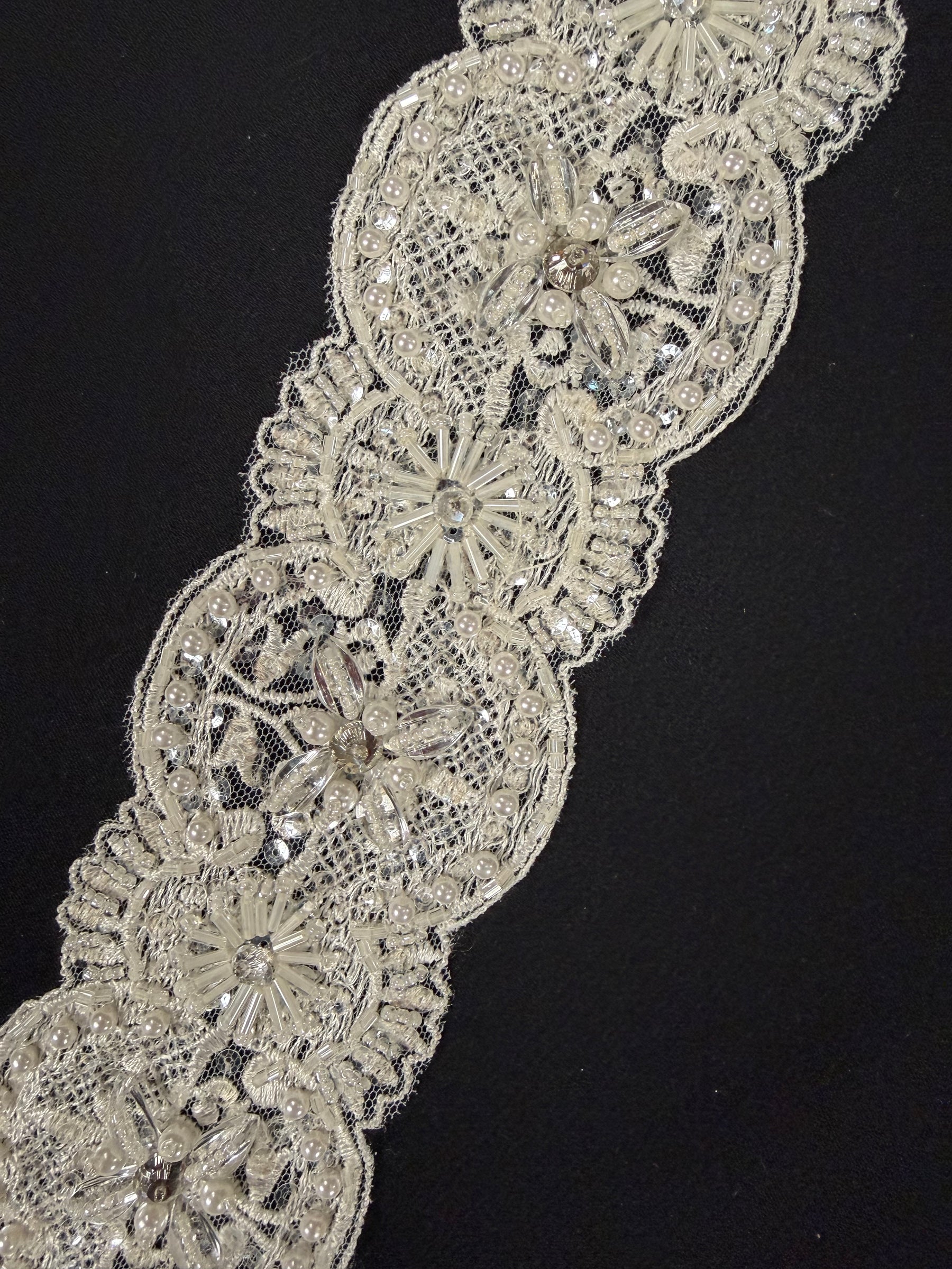 Ivory/Crystal 3D Crystal Beaded Sequin Edging - T472