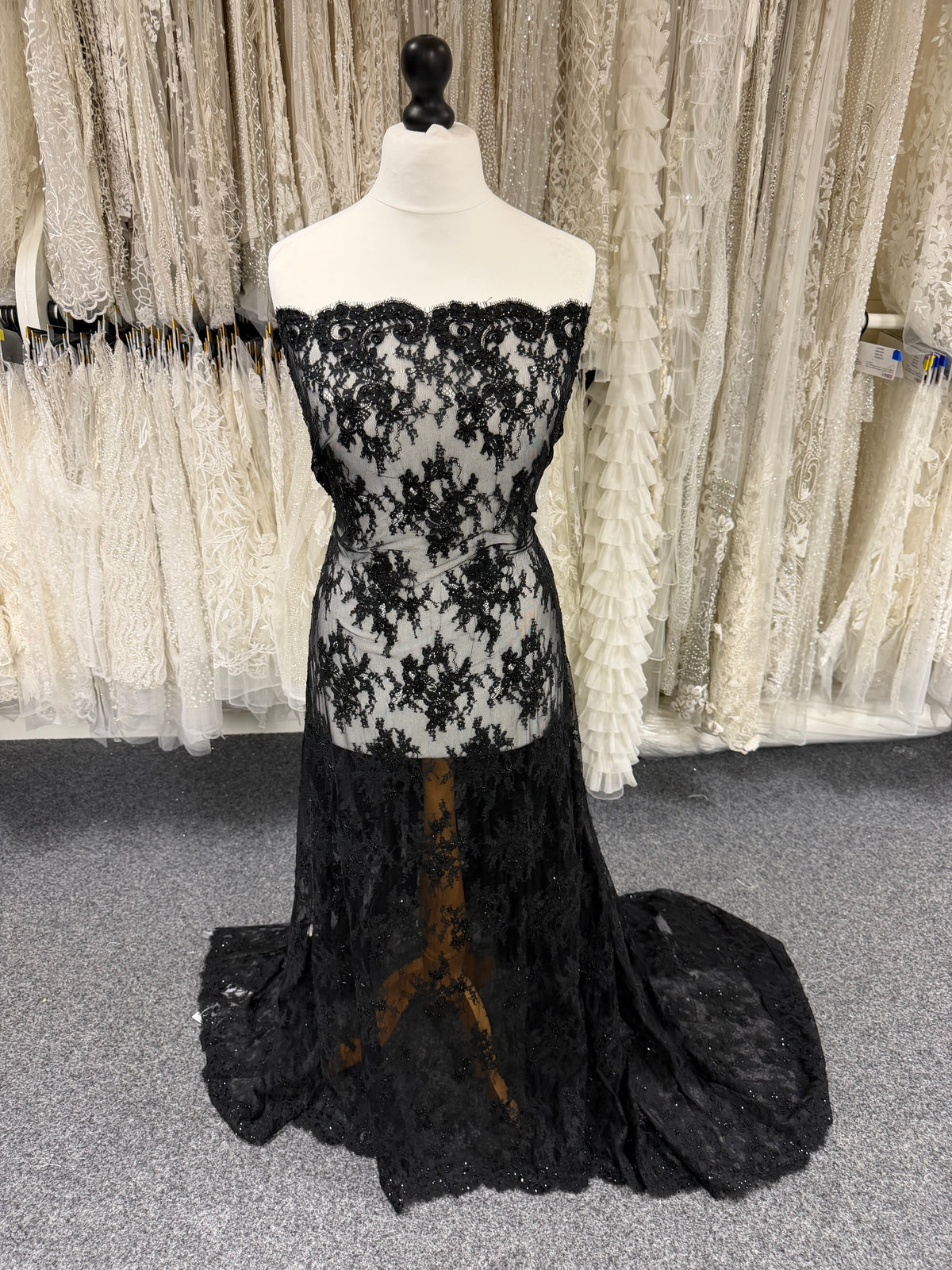 Black Corded and Beaded Lace - P643