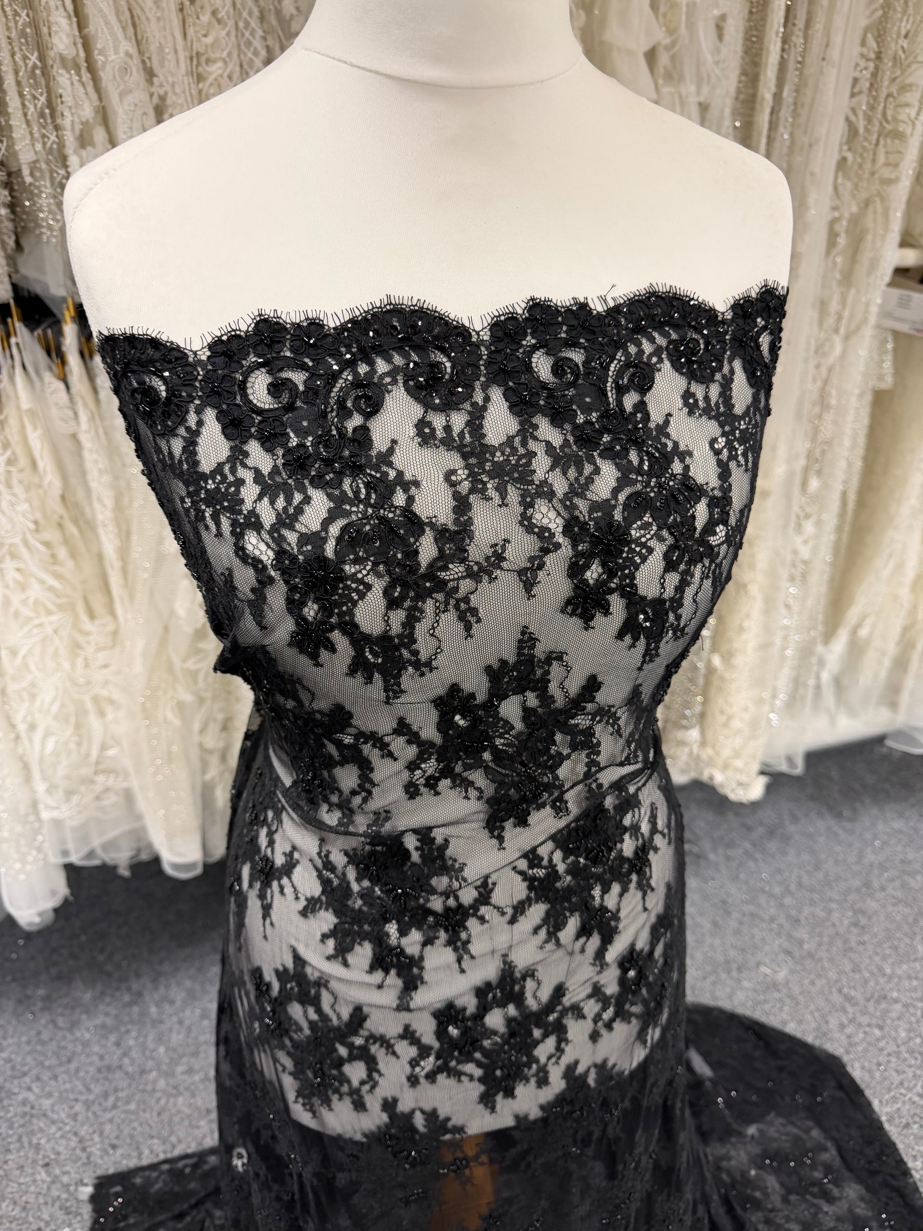 Black Corded and Beaded Lace - P643
