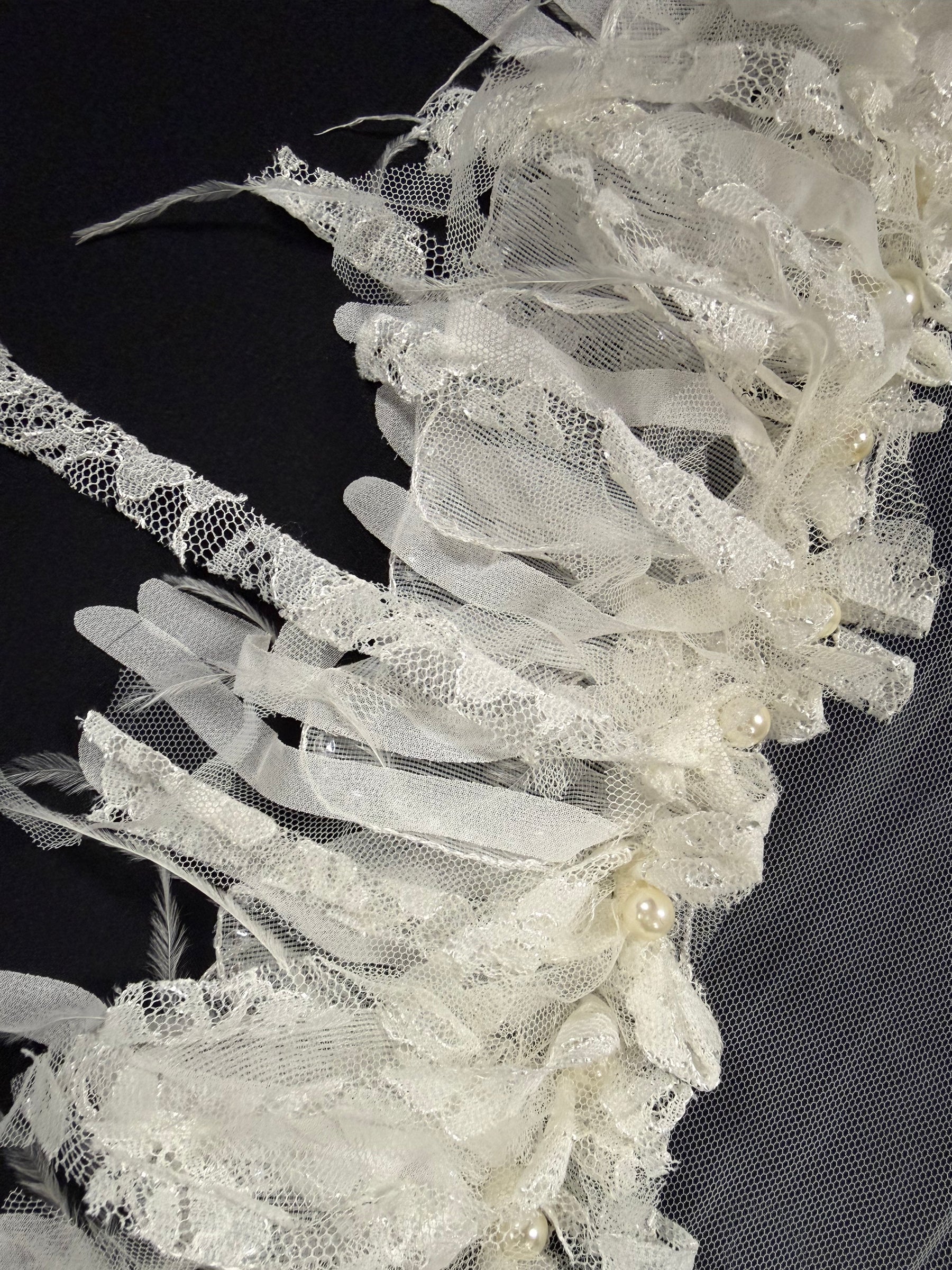 Ivory Beaded Sequin Frilly Lace Edging - T237