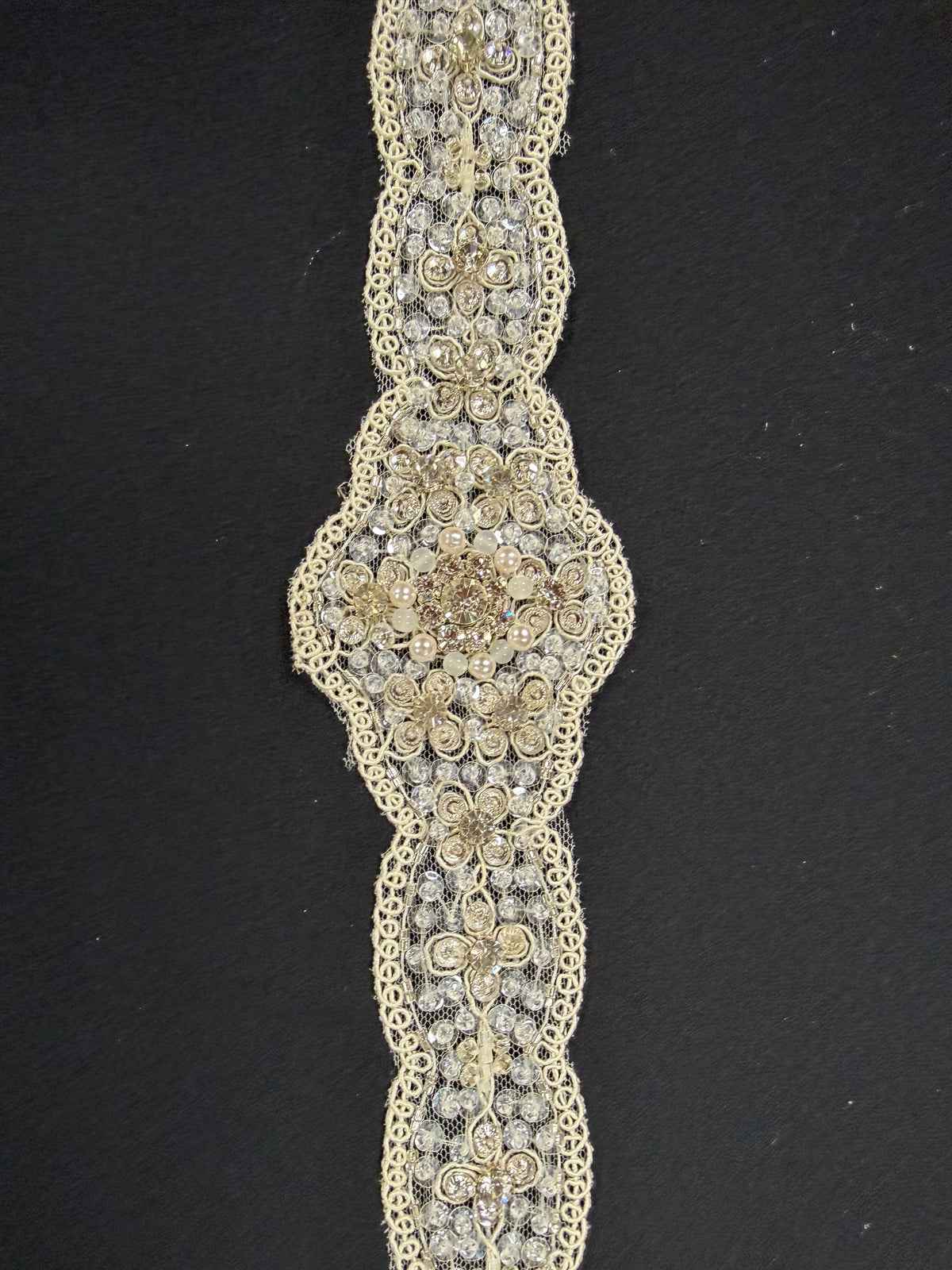 Crystal/Ivory/Silver Heavy Beaded Crystal Sequin Edging - T228