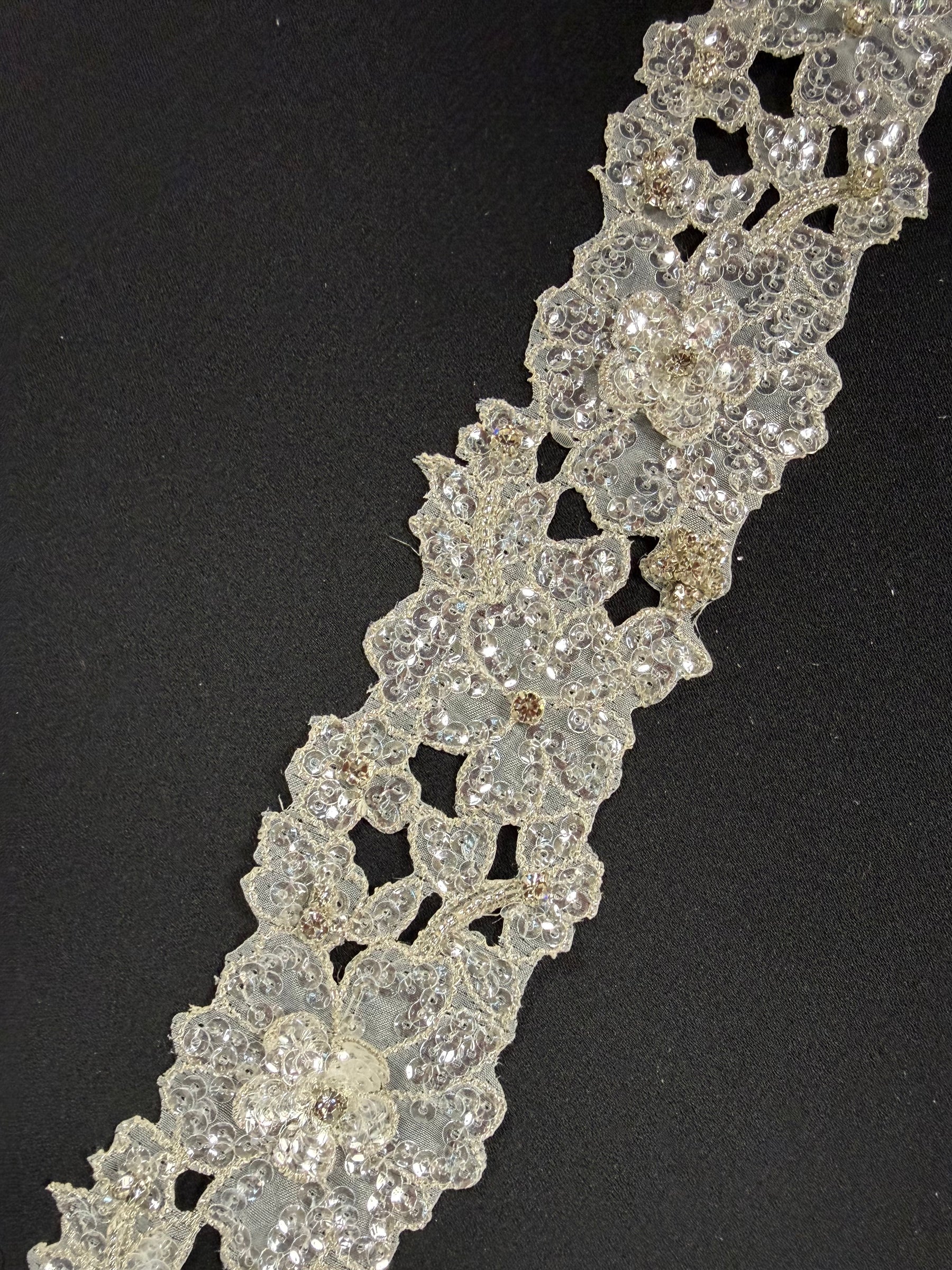 Silver/Crystal Crystal Beaded Sequin Guipure Edging - T430