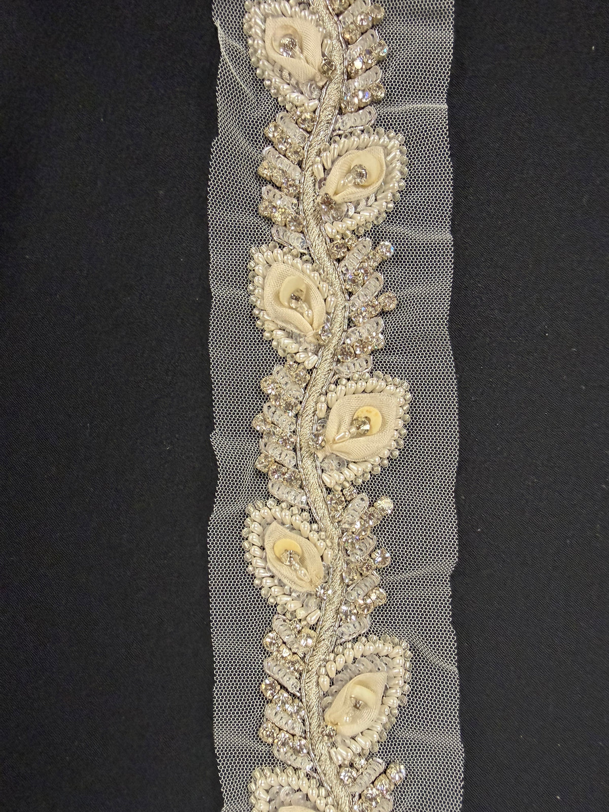 Silver/Ivory 3D Crystal Beaded Sequin Edging - T517