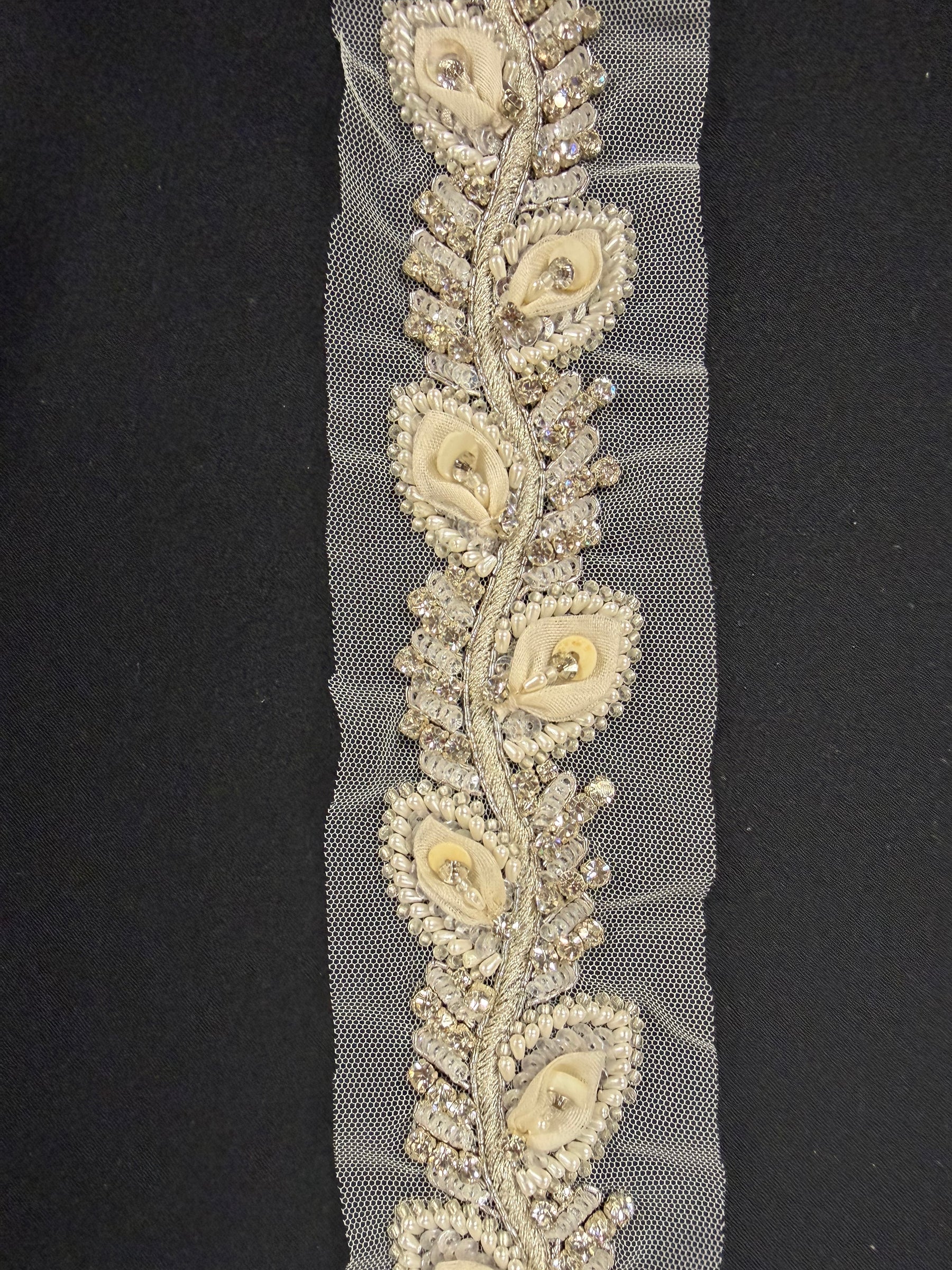 Silver/Ivory 3D Crystal Beaded Sequin Edging - T517
