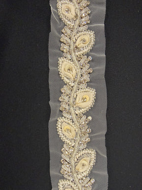 Silver/Ivory 3D Crystal Beaded Sequin Edging - T517