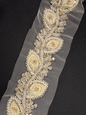 Silver/Ivory 3D Crystal Beaded Sequin Edging - T517