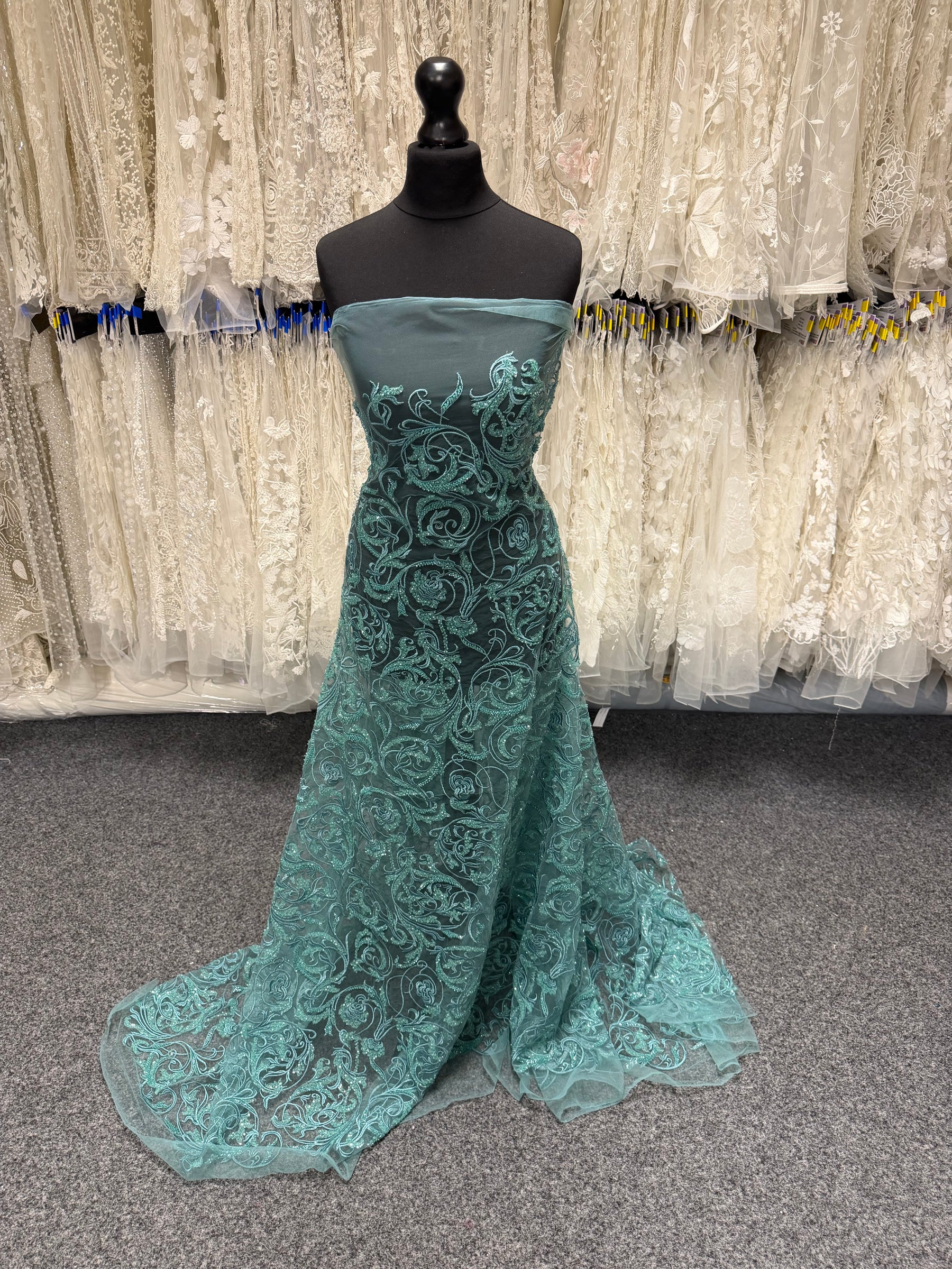 Light Jade Embroidered Beaded Tulle - EB1091