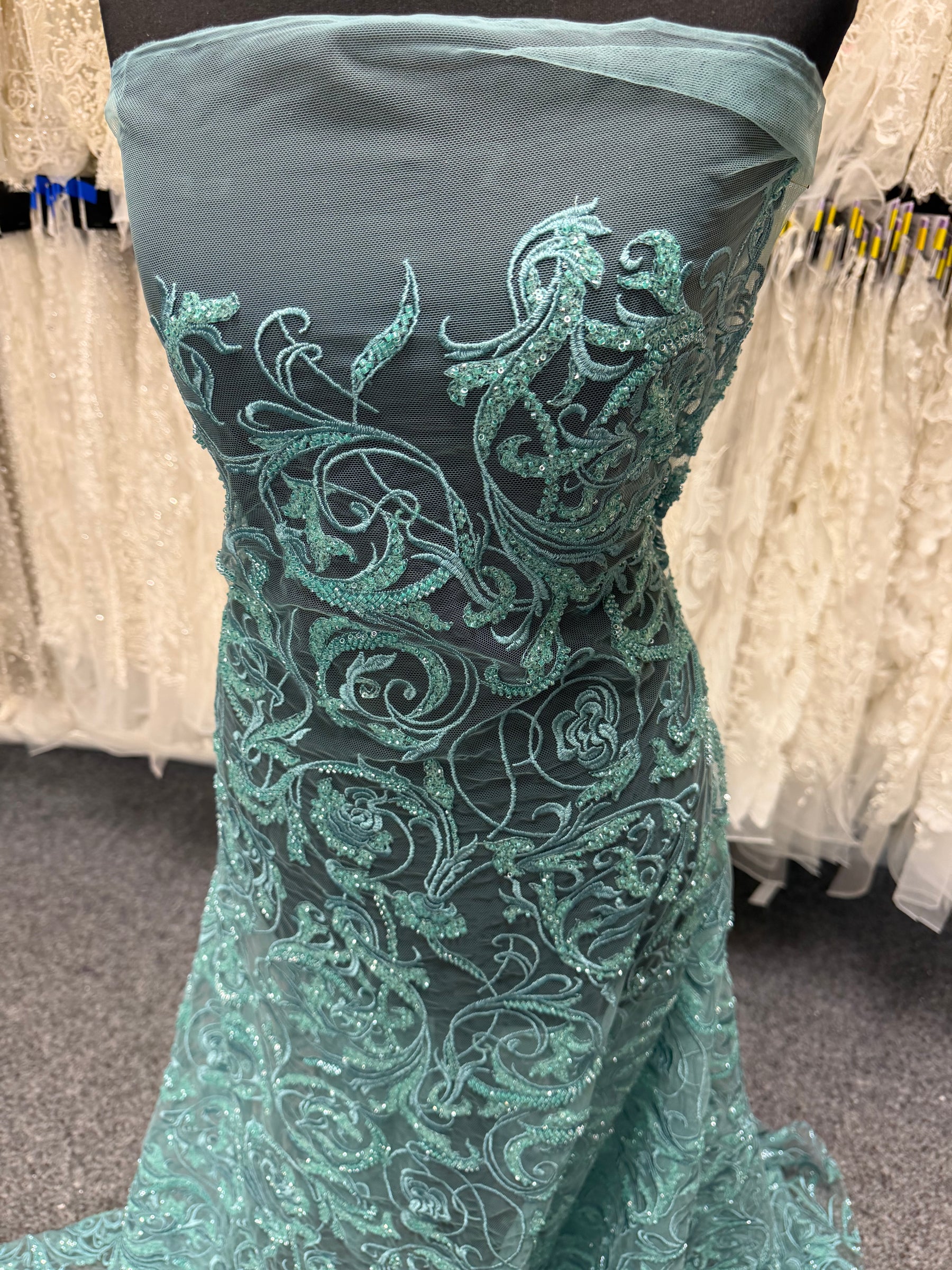 Light Jade Embroidered Beaded Tulle - EB1091
