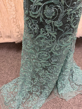 Light Jade Embroidered Beaded Tulle - EB1091