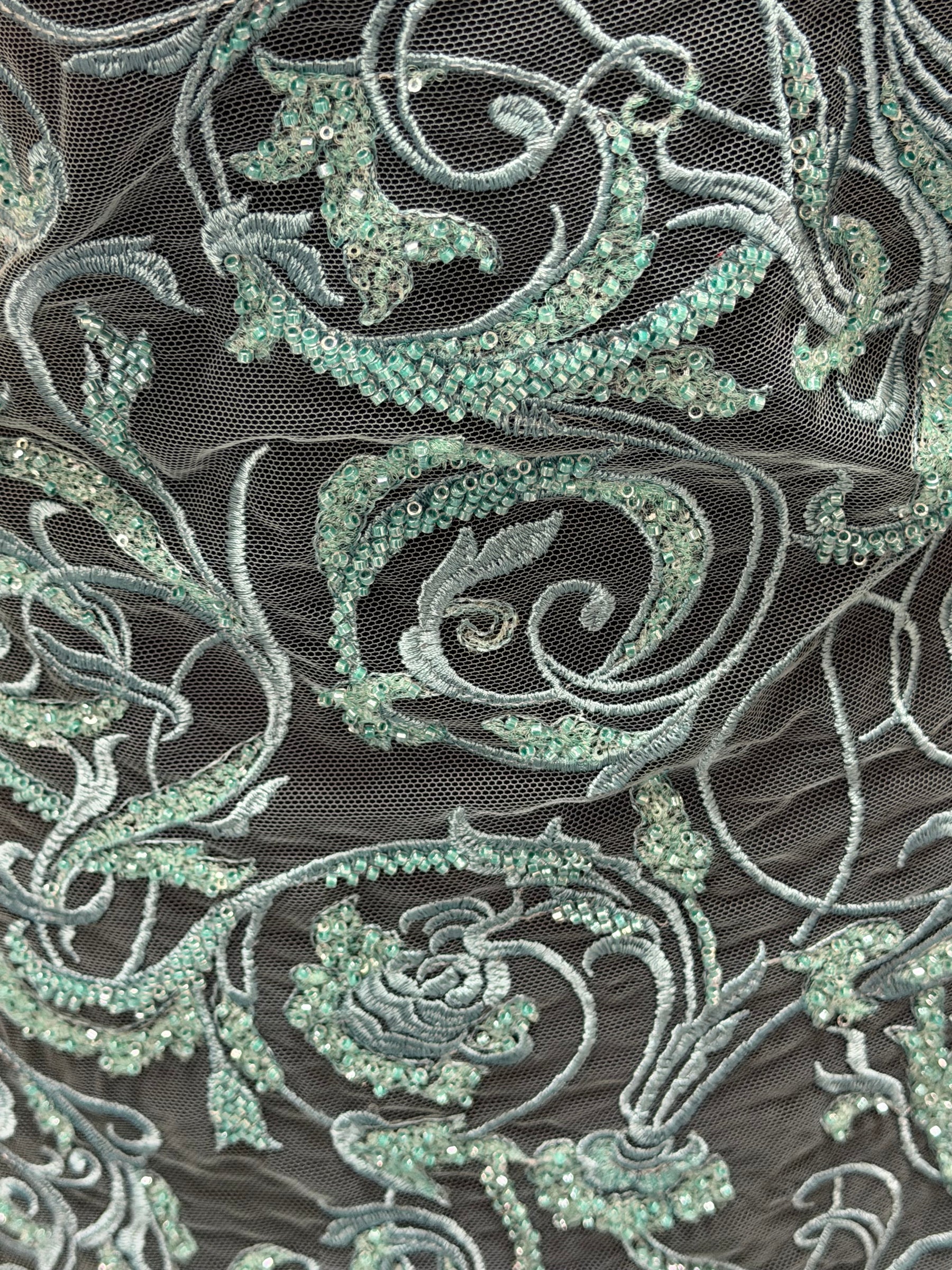 Light Jade Embroidered Beaded Tulle - EB1091