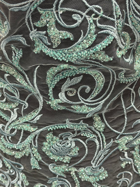 Light Jade Embroidered Beaded Tulle - EB1091