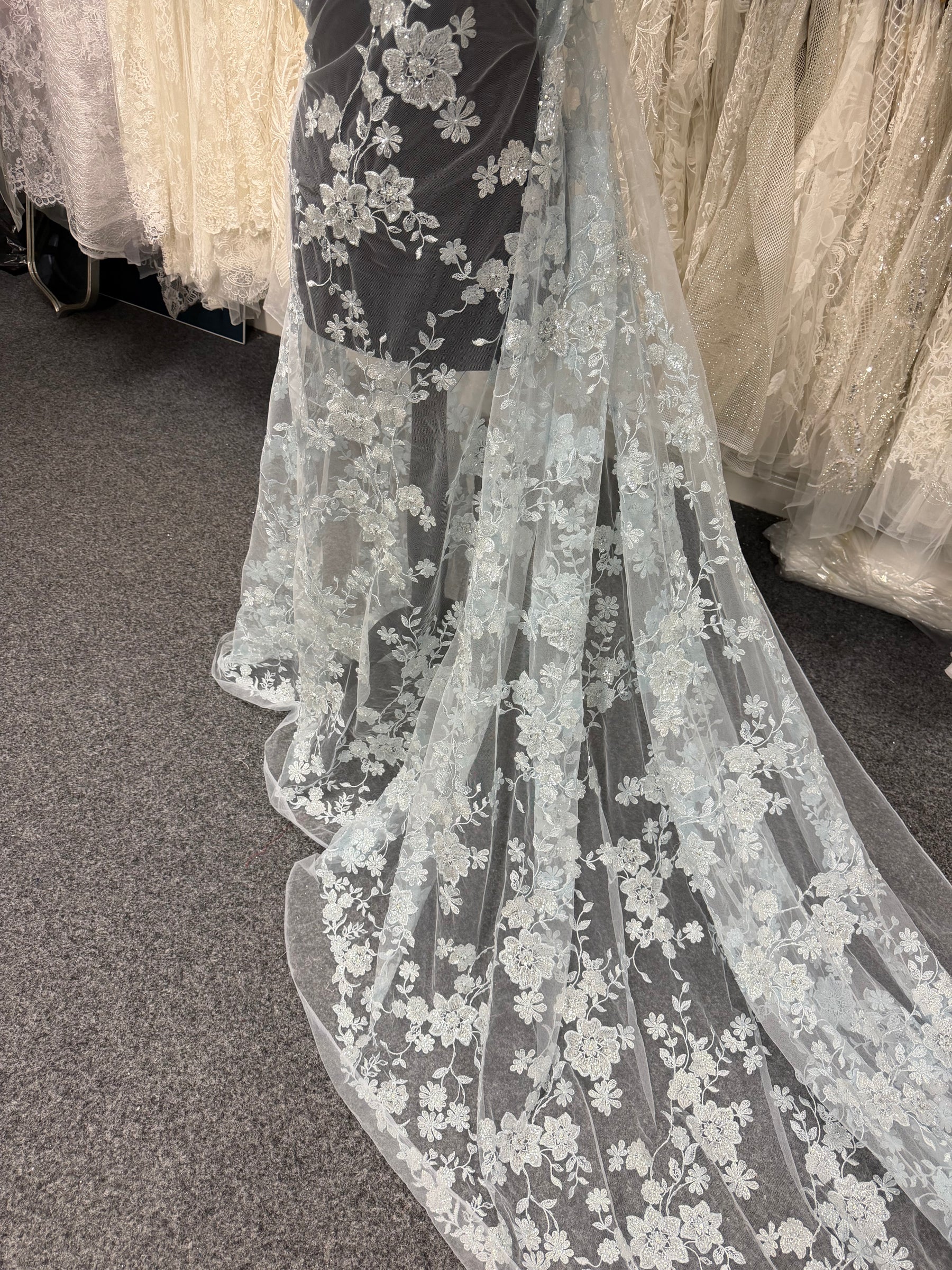 Baby Blue Embroidered Beaded Tulle - EB1090