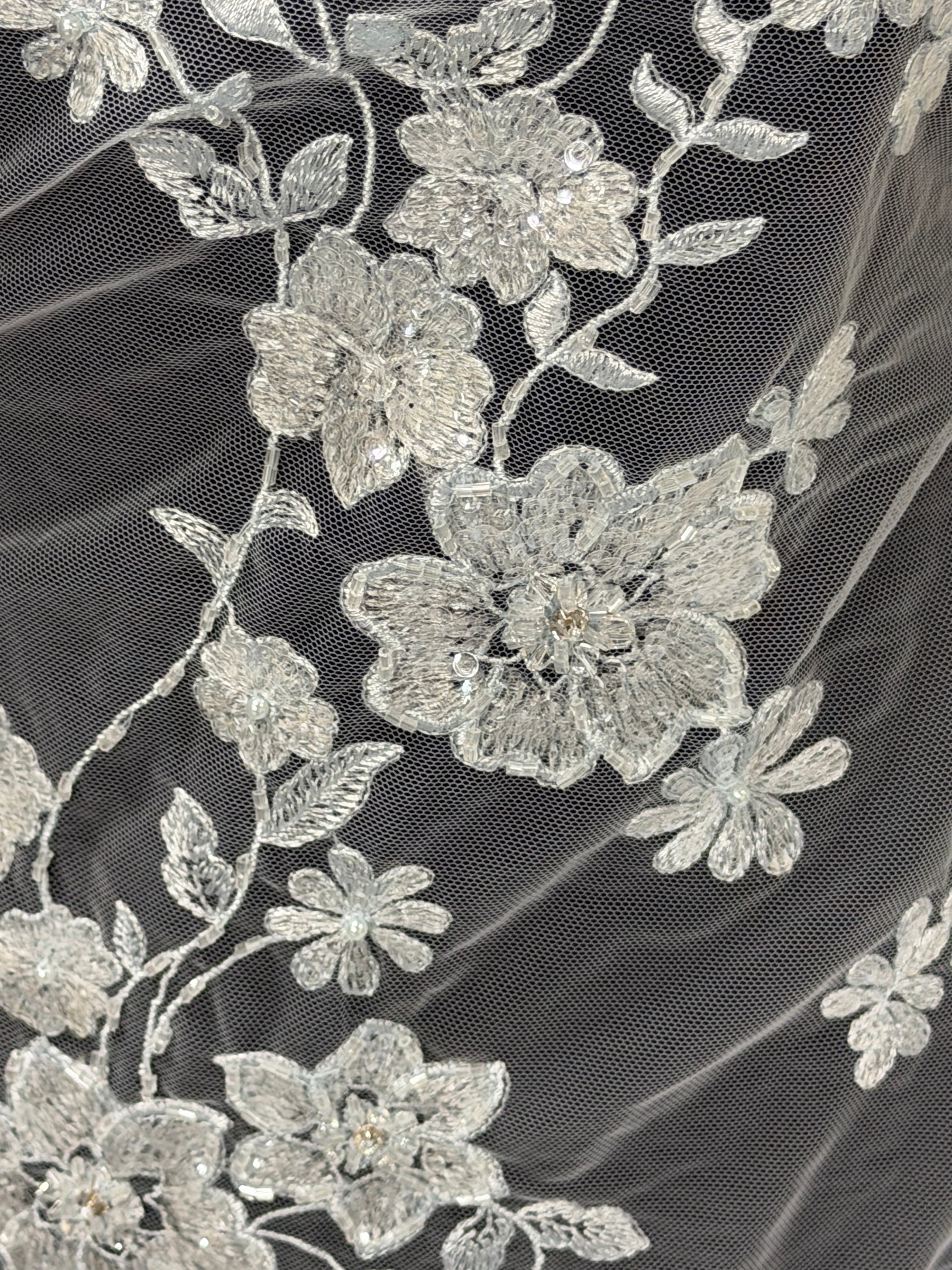 Baby Blue Embroidered Beaded Tulle - EB1090