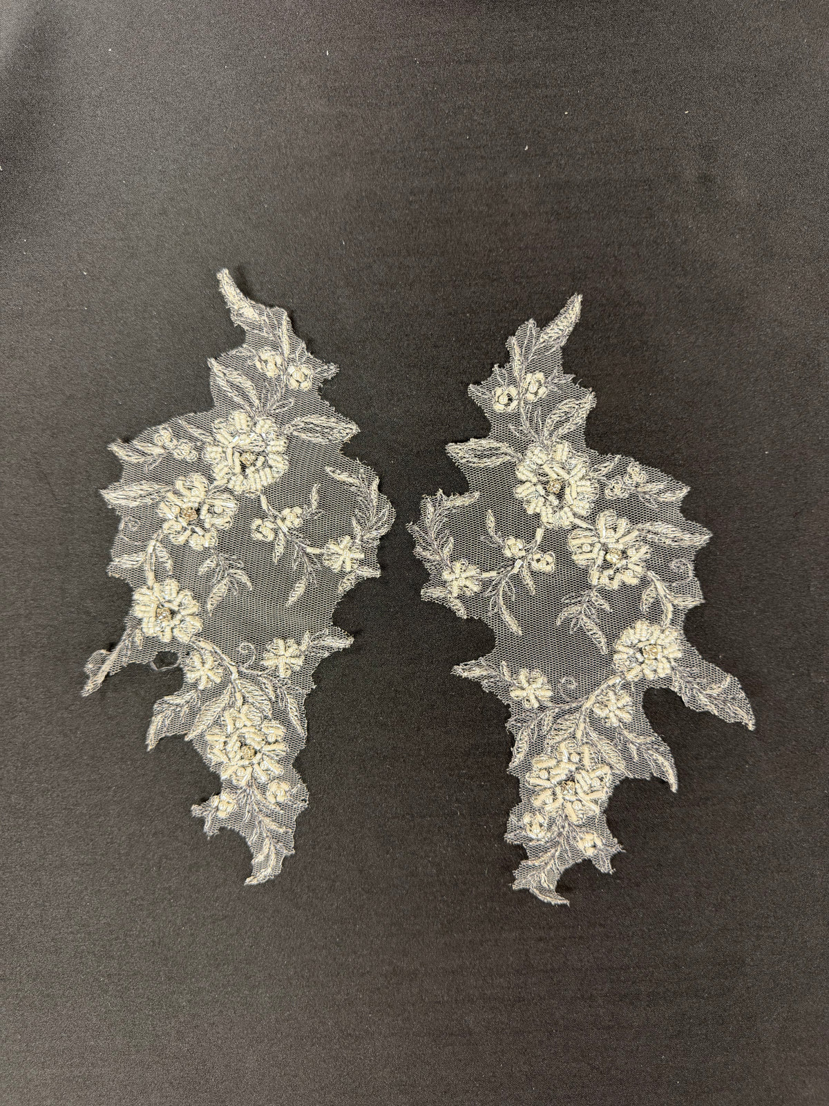 Silver with Black Bead Embellished Lace Appliques - T243