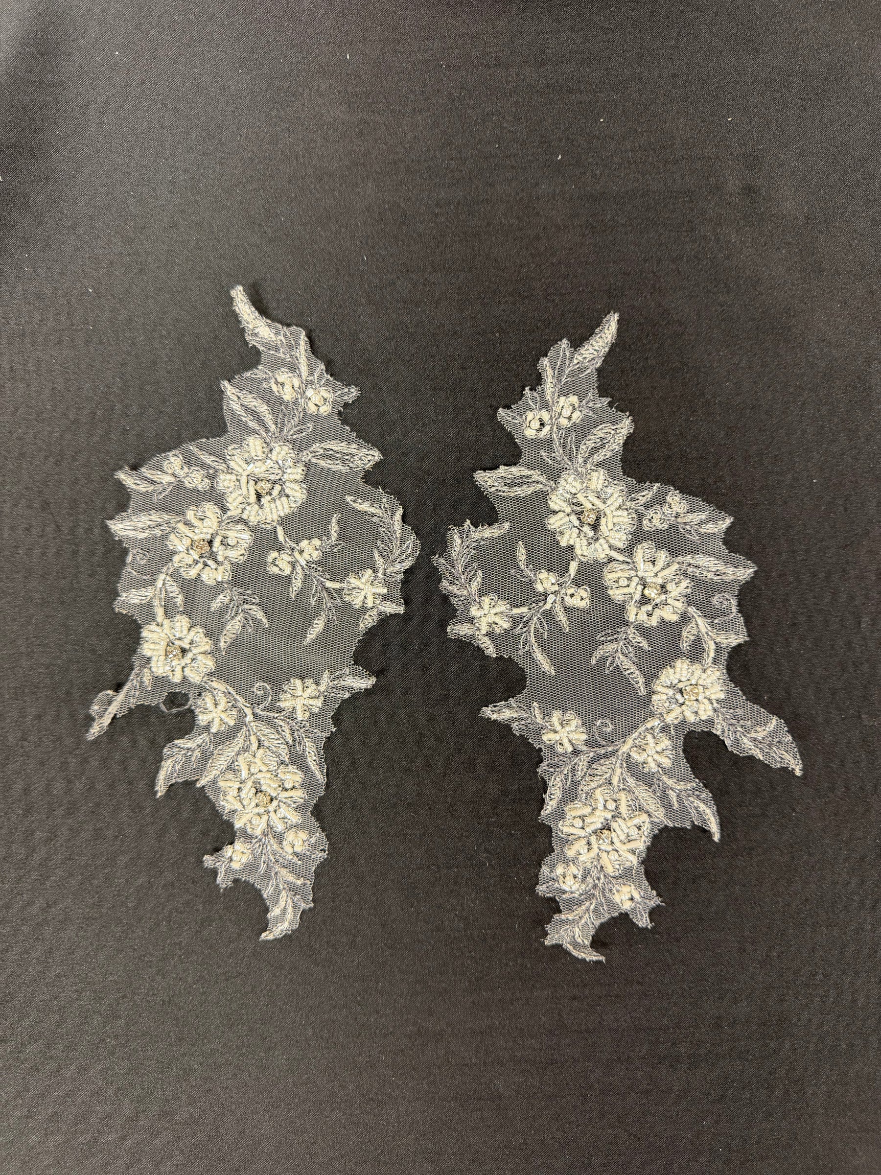 Silver with Black Bead Embellished Lace Appliques - T243