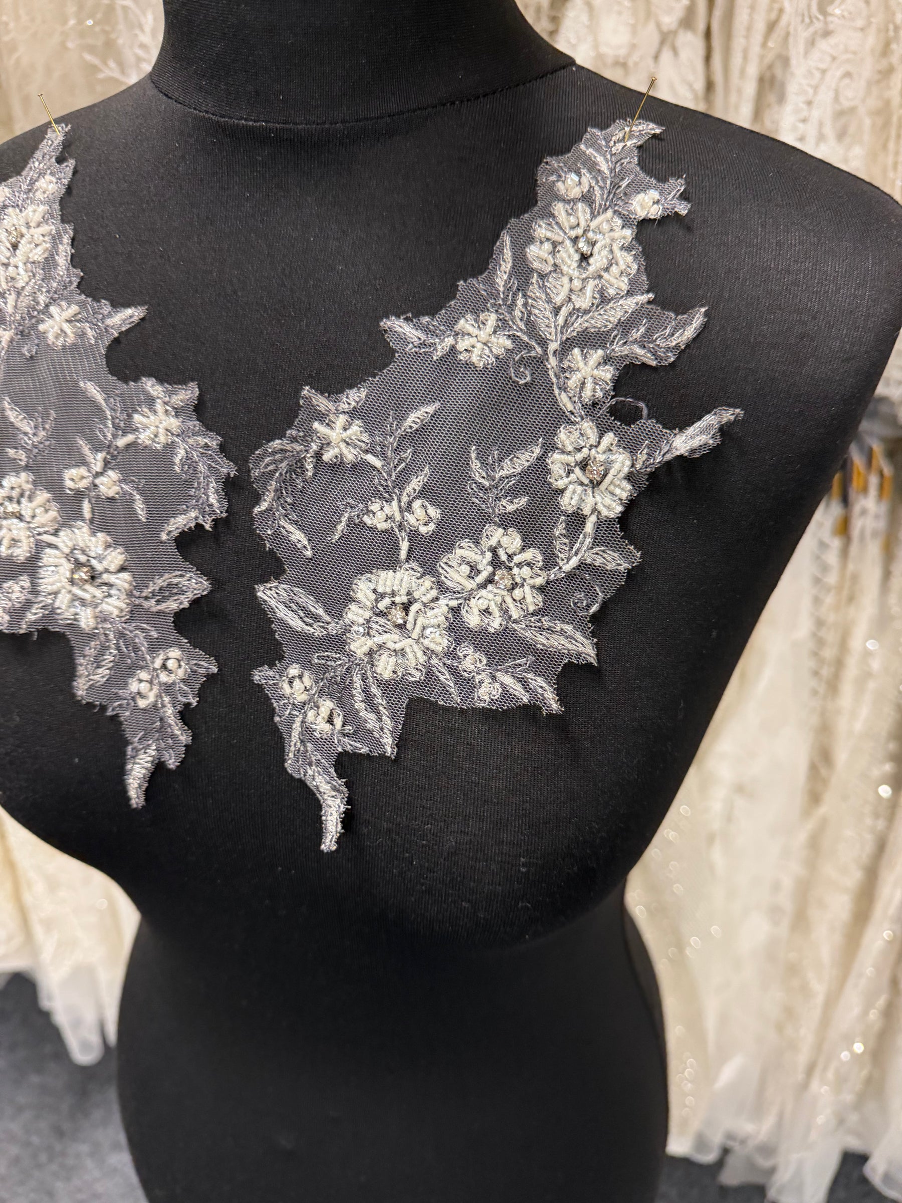 Silver with Black Bead Embellished Lace Appliques - T243