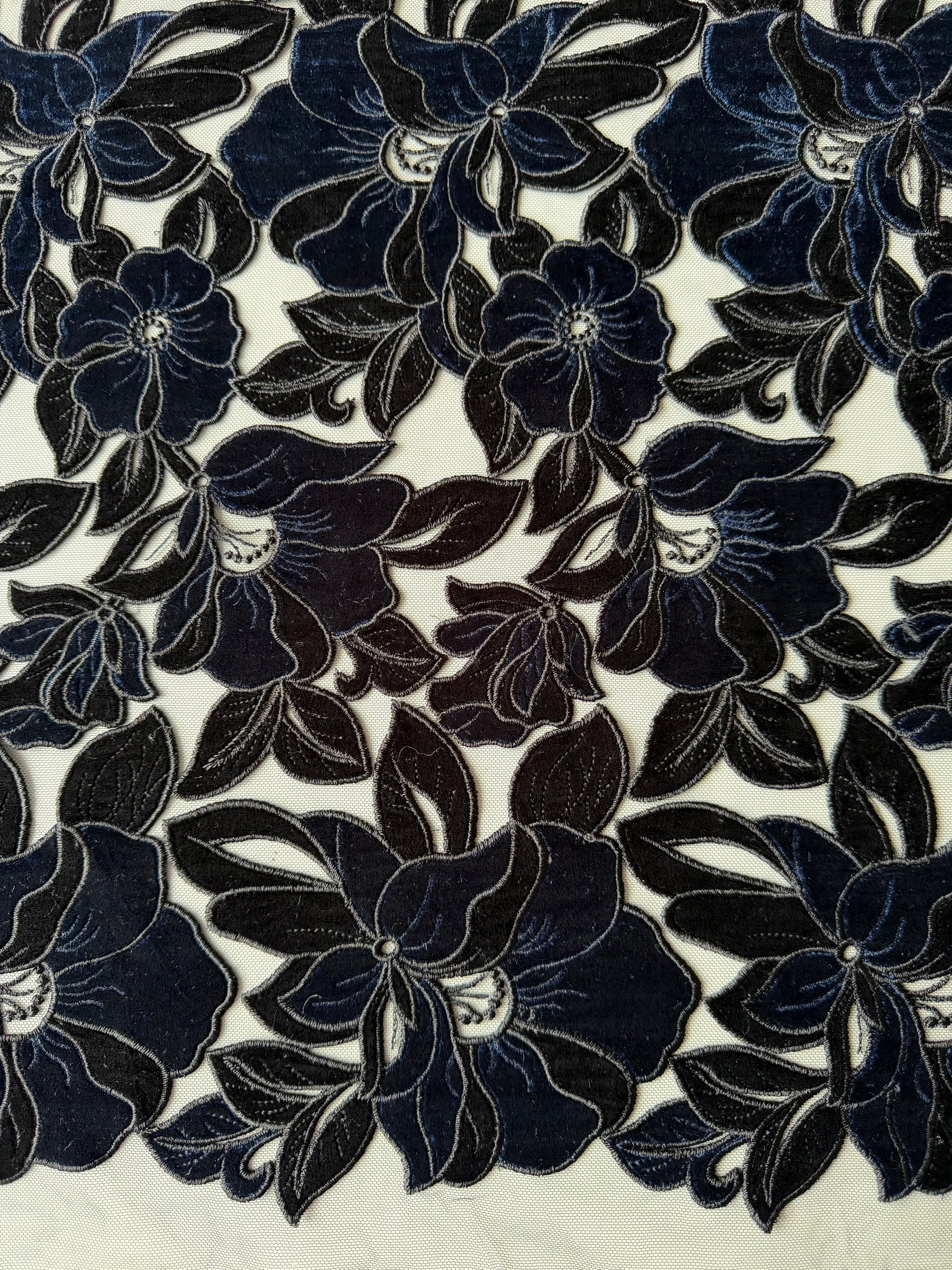 Black and Navy Velvet Embroidery Lace - EB5025