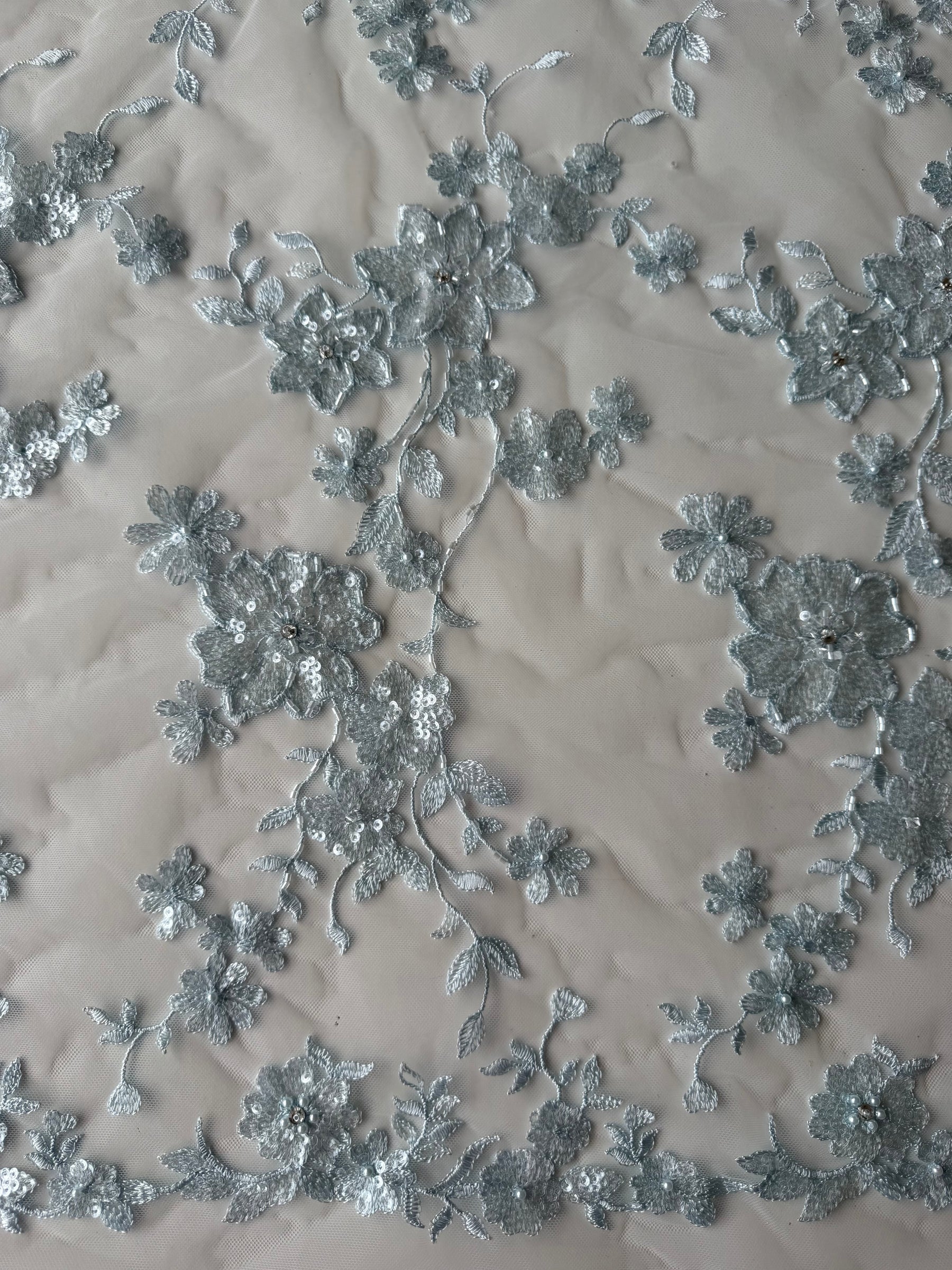 Baby Blue Embroidered Beaded Tulle - EB1090