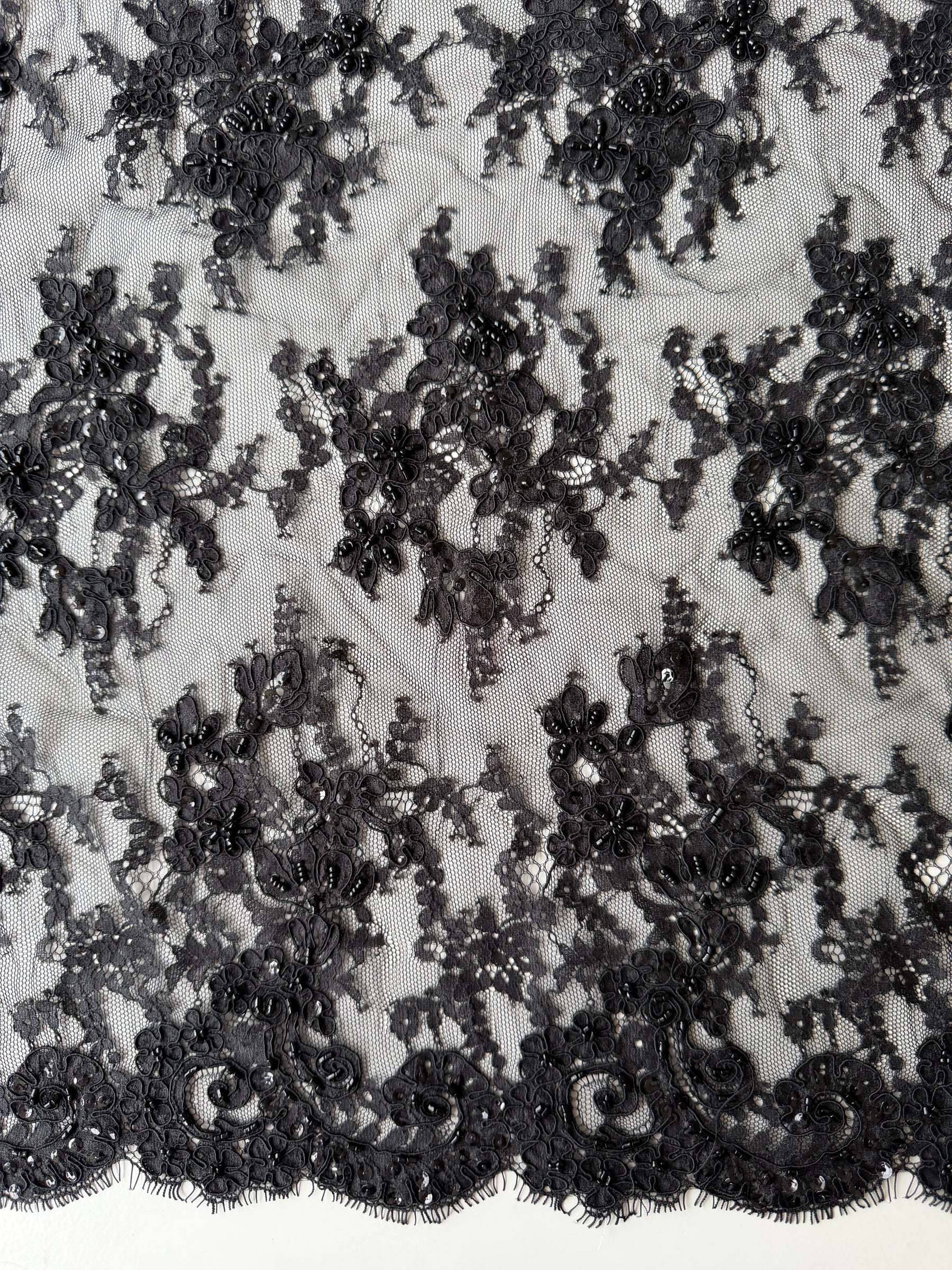 Black Corded and Beaded Lace - P643