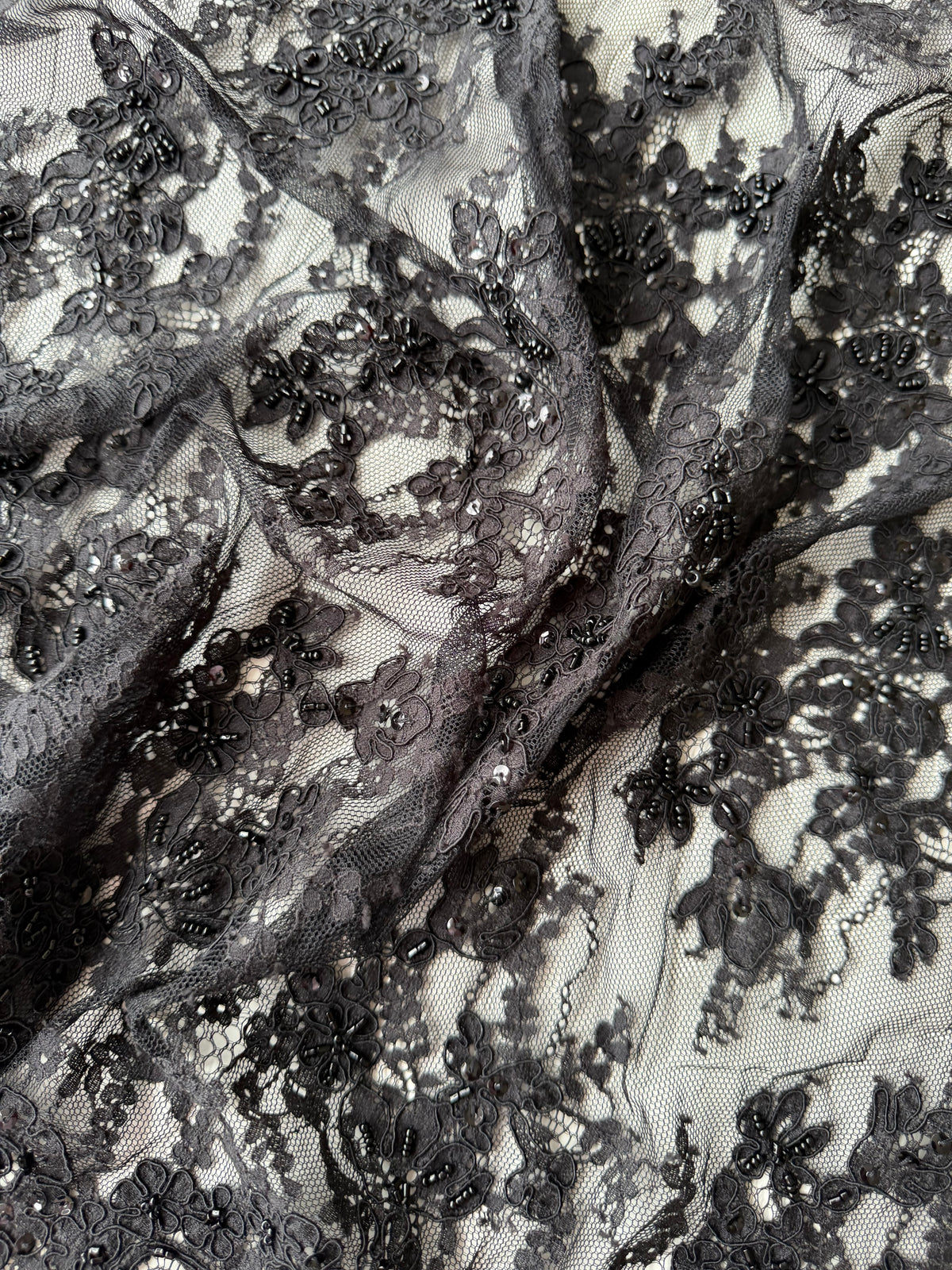 Black Corded and Beaded Lace - P643