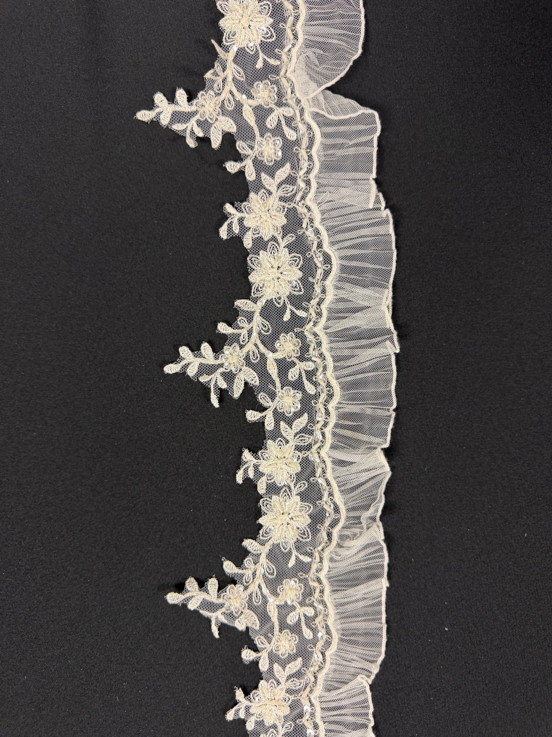 Ivory/Silver Pleated Tulle Beaded Sequin Edging - T278