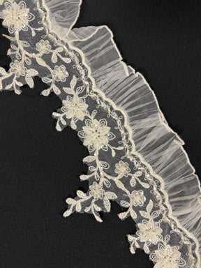 Ivory/Silver Pleated Tulle Beaded Sequin Edging - T278