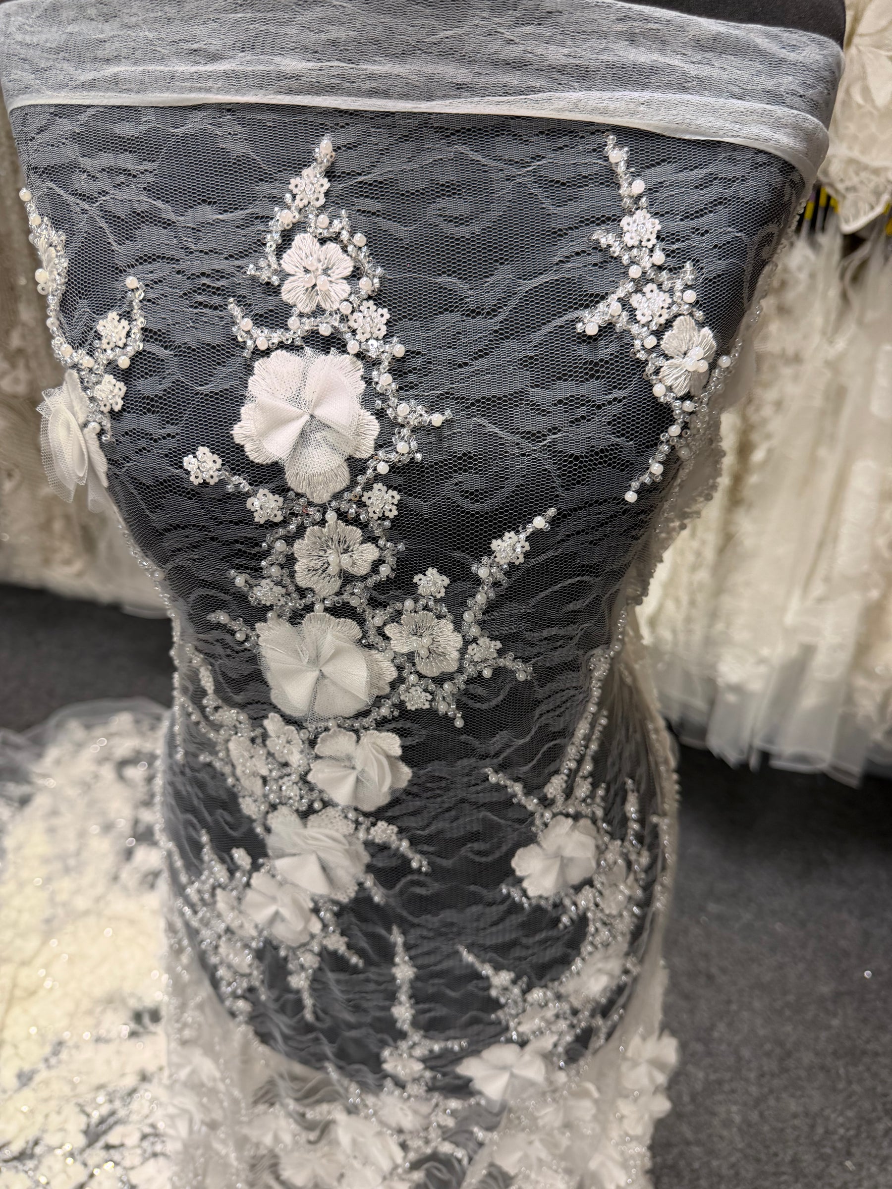 Ivory 3D Emb Beaded Tulle - EB1106