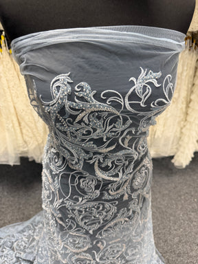 Limestone Embroidered Beaded Tulle - EB1091