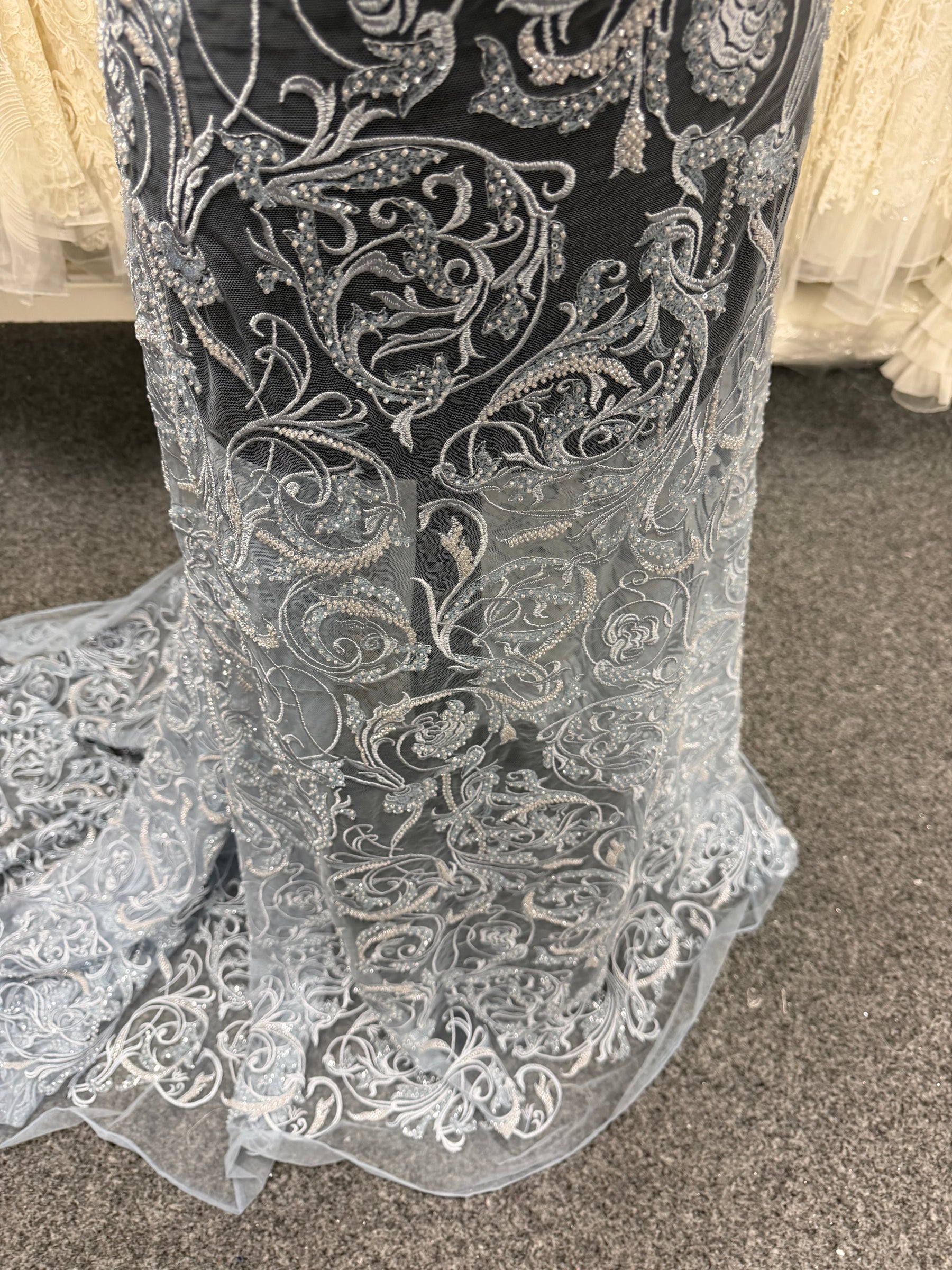 Limestone Embroidered Beaded Tulle - EB1091