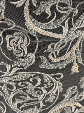 Limestone Embroidered Beaded Tulle - EB1091