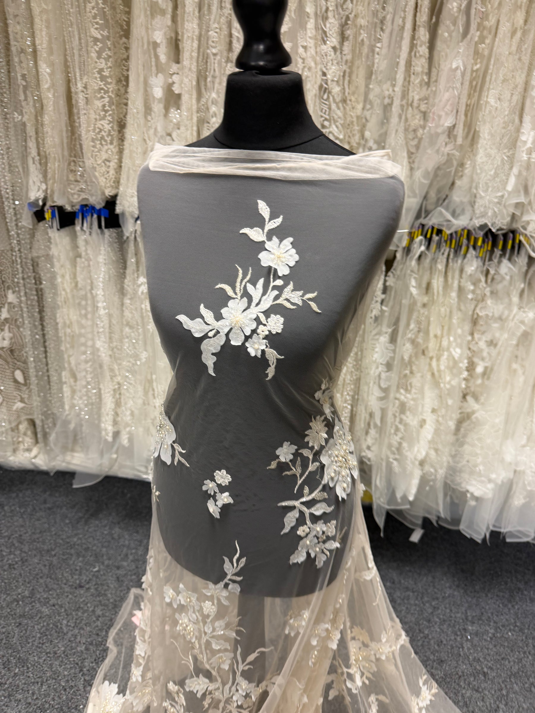Light Peach tulle with Ivory Embroidery Lace - EB1015