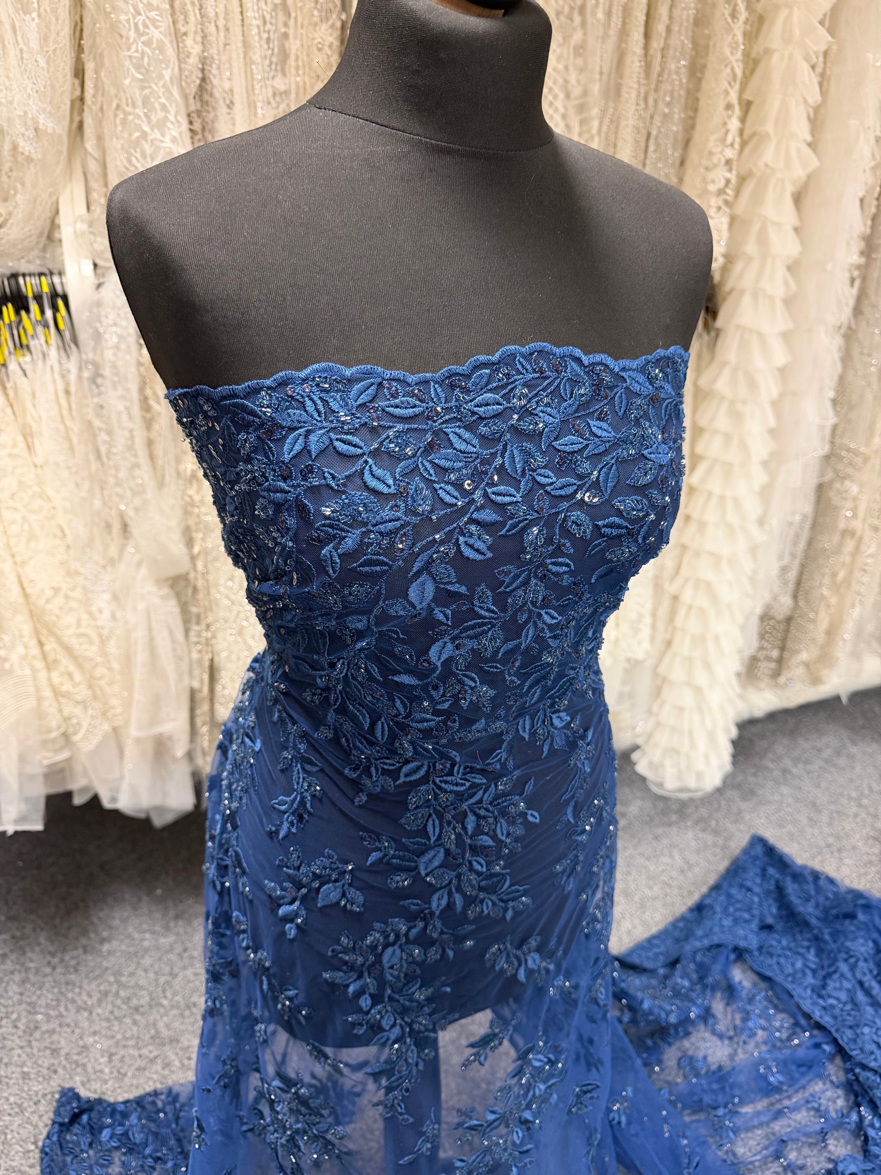 Navy Embroidered Beaded Tulle - EB1058