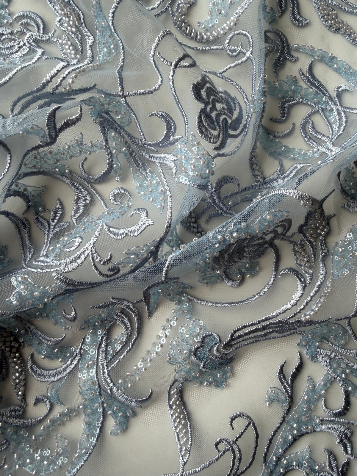 Limestone Embroidered Beaded Tulle - EB1091