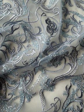 Limestone Embroidered Beaded Tulle - EB1091
